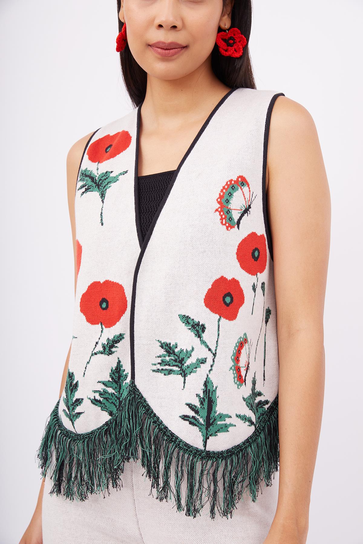 Peraluna-Poppy Waistcoat Gelincik Desen V Yaka Eteği Püskül Detaylı Rahat Kesim Kadın Triko Yelek Ekru Multi-Yelek-3-roqelvaxirum.shop