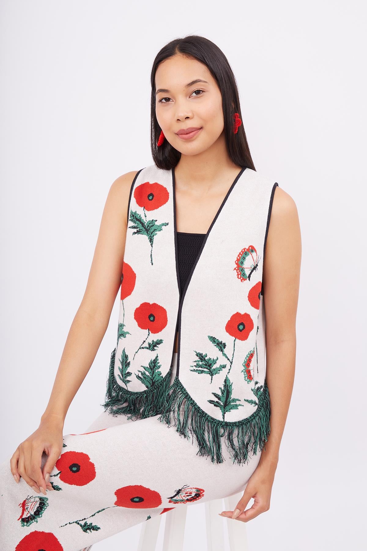 Peraluna-Poppy Waistcoat Gelincik Desen V Yaka Eteği Püskül Detaylı Rahat Kesim Kadın Triko Yelek Ekru Multi-Yelek-6-roqelvaxirum.shop