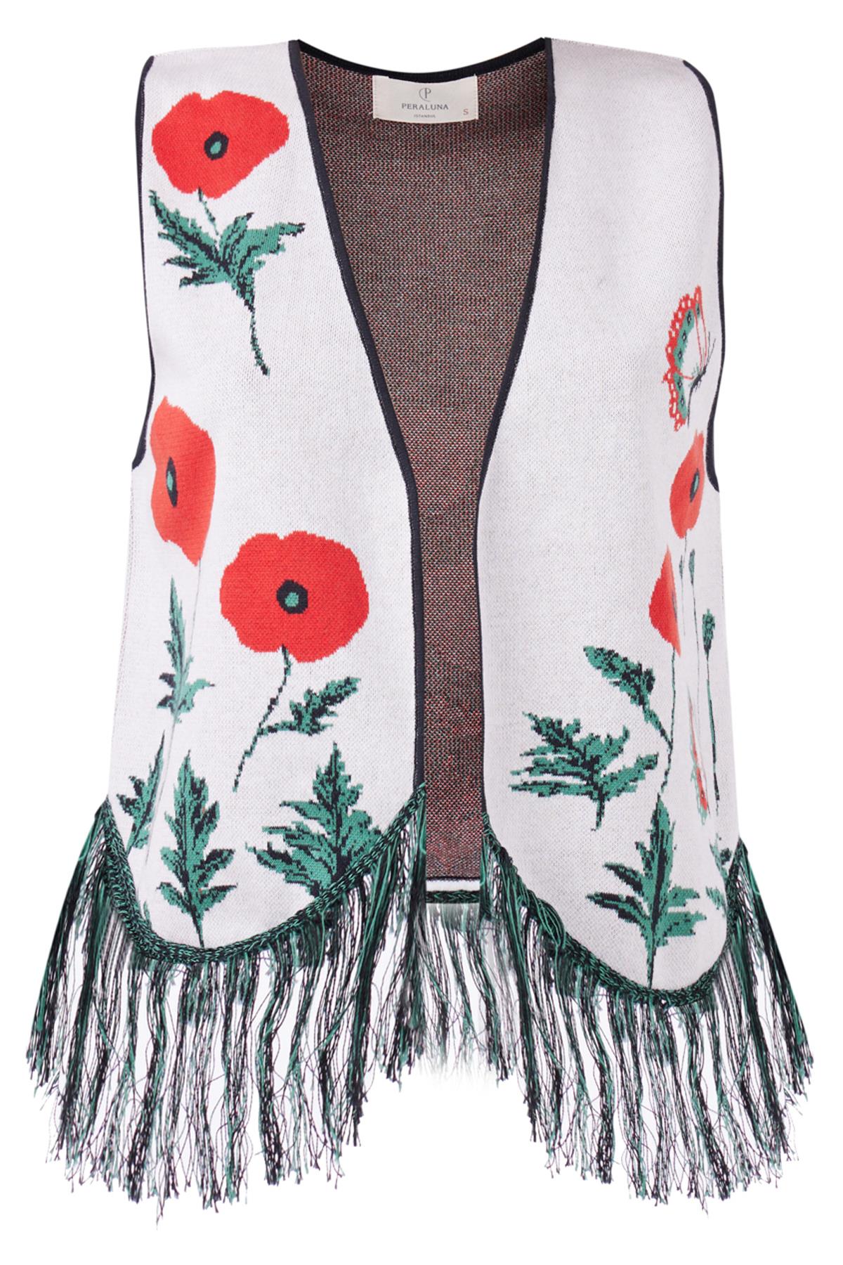 Peraluna-Poppy Waistcoat Gelincik Desen V Yaka Eteği Püskül Detaylı Rahat Kesim Kadın Triko Yelek Ekru Multi-Yelek-9-roqelvaxirum.shop