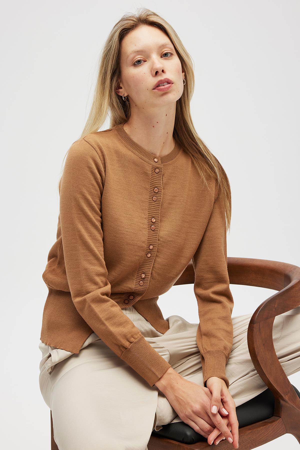 Peraluna-Ripley çelik örgü, Düğmeli Kadın Triko Hırka Camel-Hırka-4-roqelvaxirum.shop