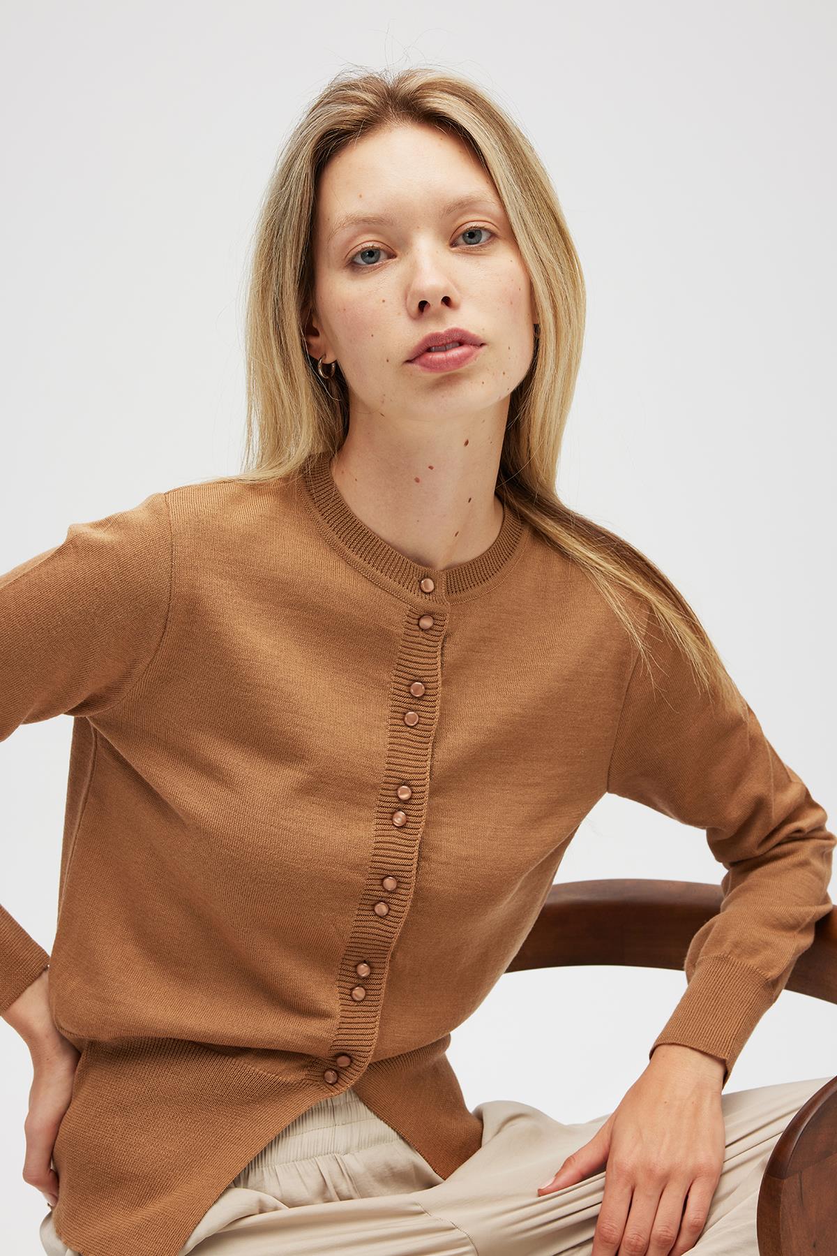 Peraluna-Ripley çelik örgü, Düğmeli Kadın Triko Hırka Camel-Hırka-5-roqelvaxirum.shop