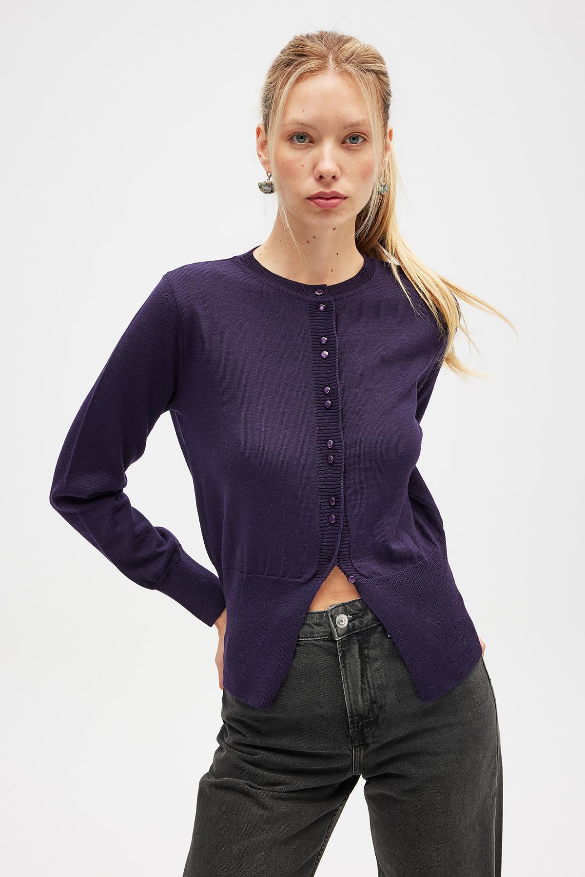 Peraluna-Ripley çelik örgü, Düğmeli Kadın Triko Hırka Koyu Mor-Hırka-1-roqelvaxirum.shop