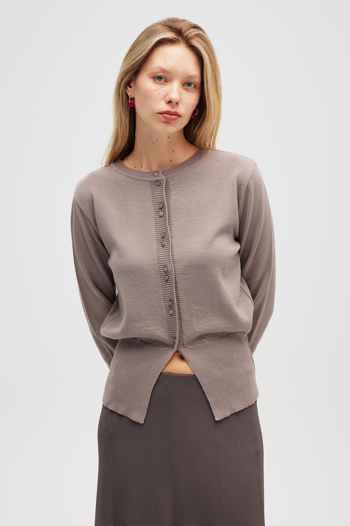 Peraluna-Ripley çelik örgü, Düğmeli Kadın Triko Hırka Kum Gri-Hırka-3-roqelvaxirum.shop
