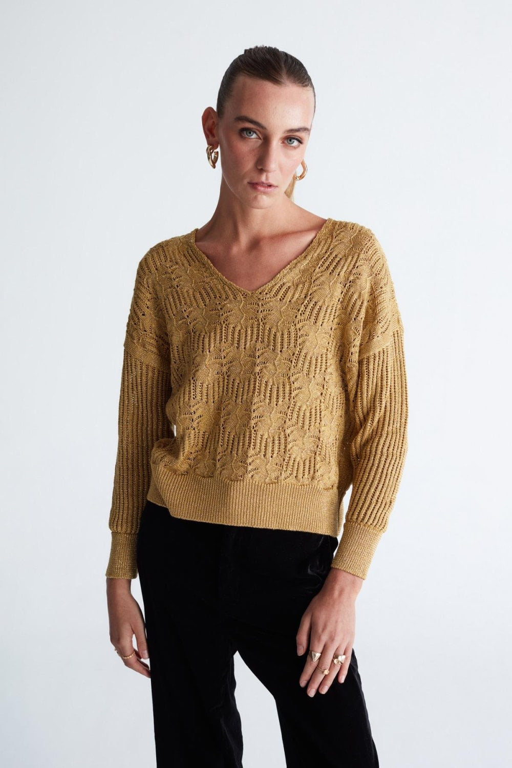 Peraluna-Scarlet Pullover Çiçek Desen V Yaka Simli Uzun Kol Kadın Triko Kazak -Kazak & Triko-1-roqelvaxirum.shop