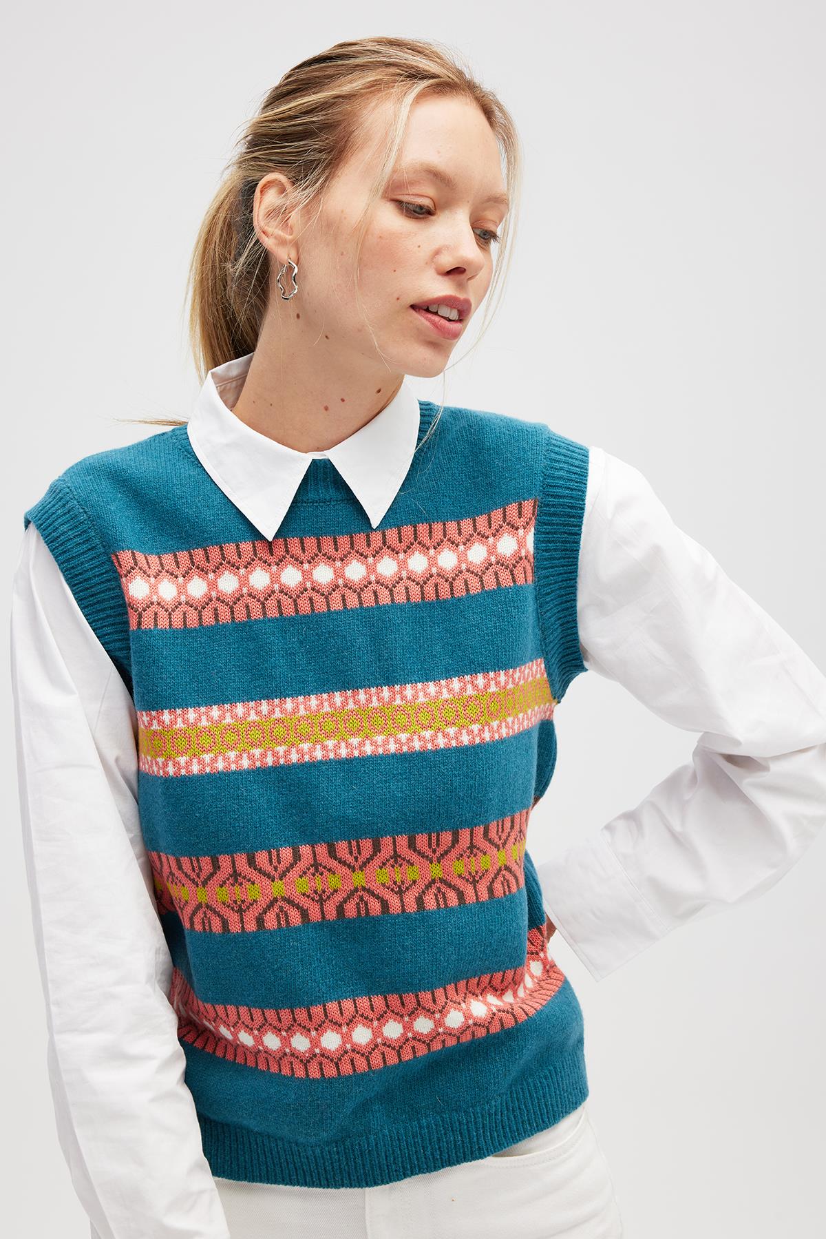 Peraluna-Simone Kadın Jakarlı Triko Süveter ördek Yeşili Multi-Süveter-6-roqelvaxirum.shop