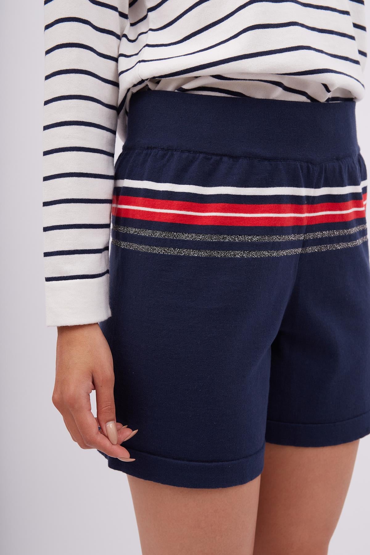 Peraluna-Sofia Short Çizgili Beli Lastikli Standart Kesim Kadın Triko Şort Lacivert-Şort-3-roqelvaxirum.shop