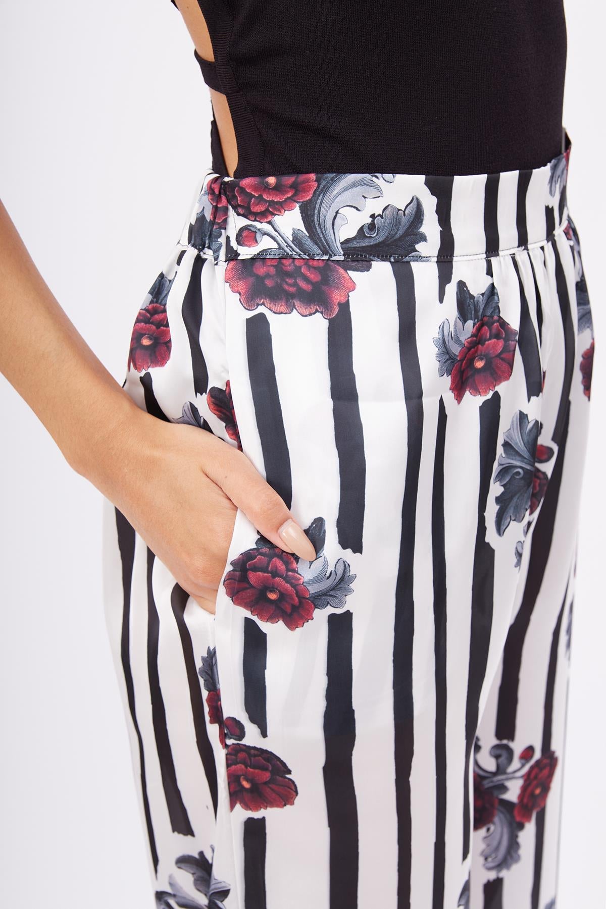 Peraluna-Stripe Garden Trouser Çizgili Güllü Baskılı Saten Kadın Pantolon-Pantolon-3-roqelvaxirum.shop
