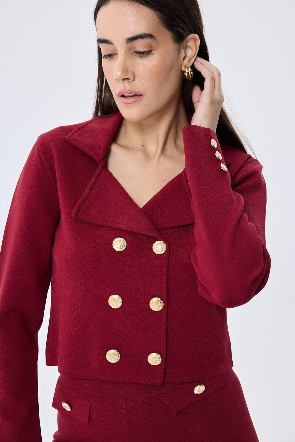 Peraluna-Styleboom X Kathy Blazer Çelik Örgü Crop Kruvaze Blazer Kadın Triko Ceket Bordo-Ceket-4-roqelvaxirum.shop