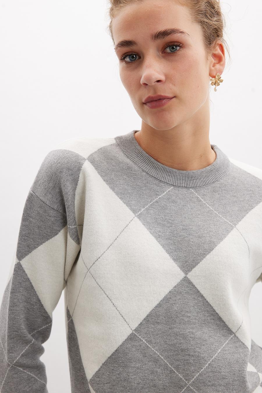 Styleboom X Peraluna Oxford Pullover Bisiklet Yaka Baklava Desen Kadın Triko Kazak - Gri Melanj