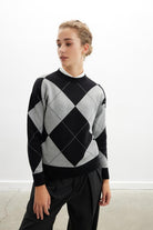 Styleboom X Peraluna Oxford Pullover Bisiklet Yaka Baklava Desen Kadın Triko Kazak - Siyah