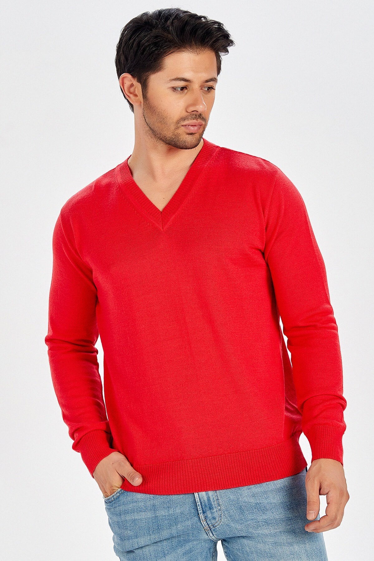 Peraluna-V Yaka Basic Erkek Kazak Kırmızı-Kazak & Triko-2-roqelvaxirum.shop