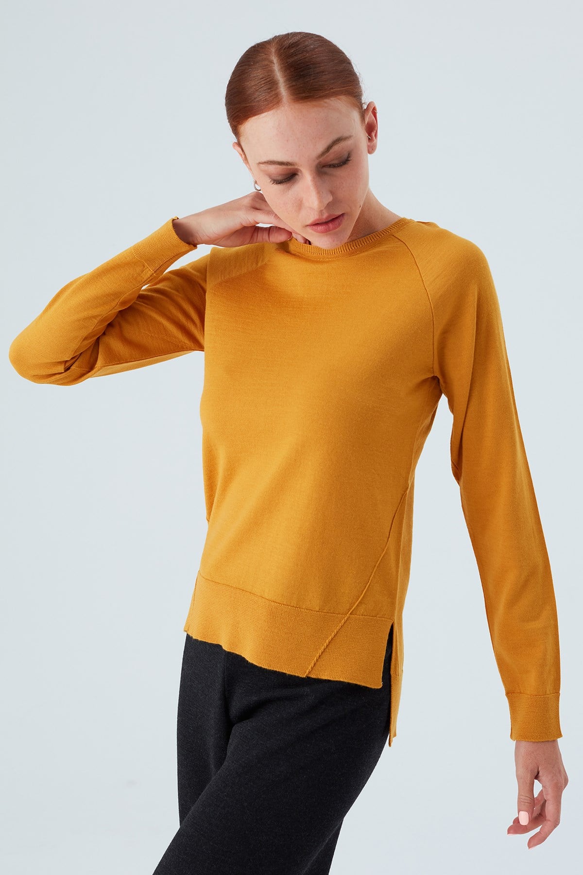 Peraluna Vanessa Pullover Merino Yünlü Yanları Yırtmaçlı Ince Kadın Triko Kazak - Sarı
