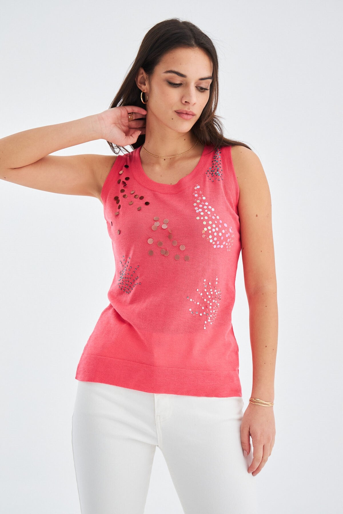 Peraluna-Yazlık İnce Pul İşlemeli Kadın Triko Bluz Bej-Bluz-5-roqelvaxirum.shop