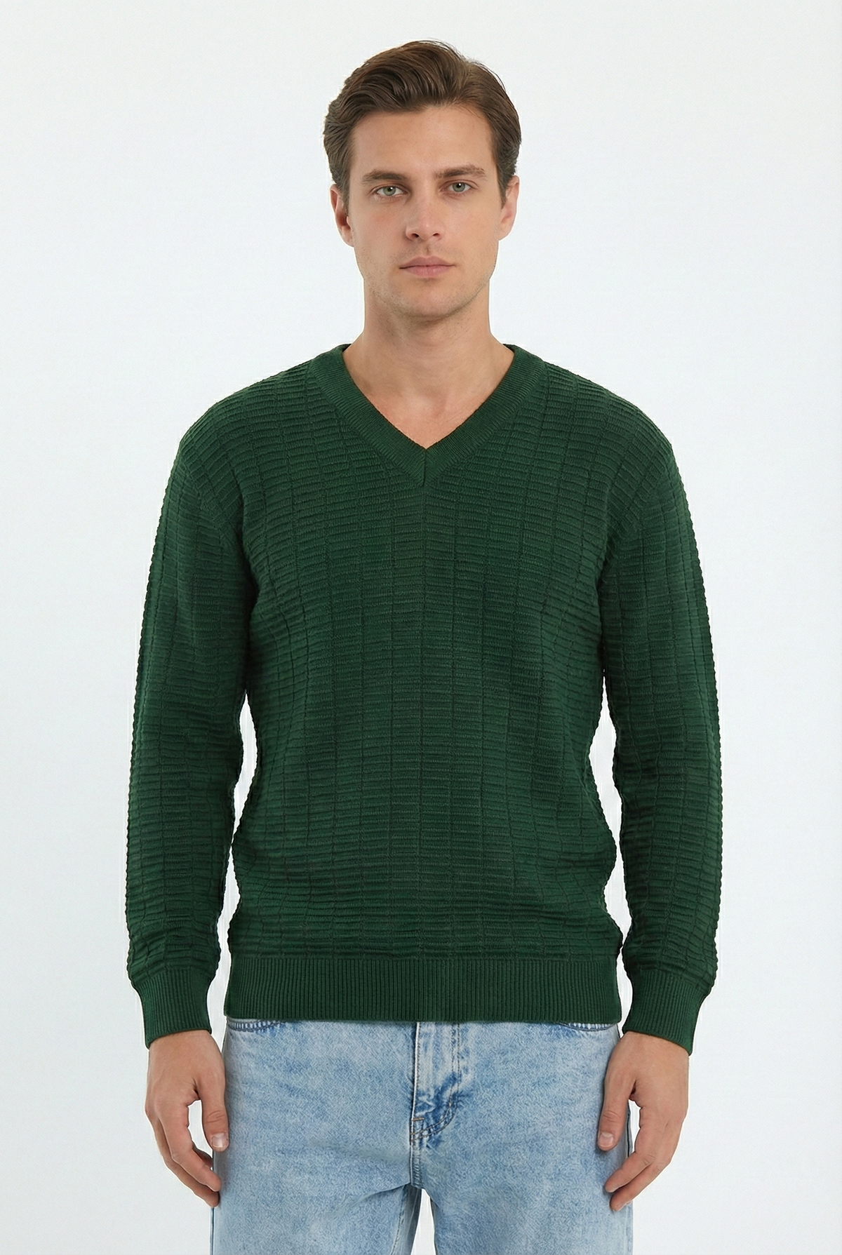 Peraluna Zacha 'V Neck' Neck Pullover Üç Boyut Çizgili Mevsimlik Erkek Triko Kazak - Yeşil
