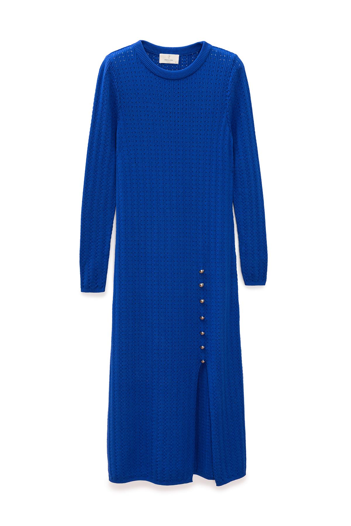 Peraluna-Zaira Mini Saç örgü Desenli, Yırtmaçlı Elbise Saks Mavi-Elbise-7-roqelvaxirum.shop