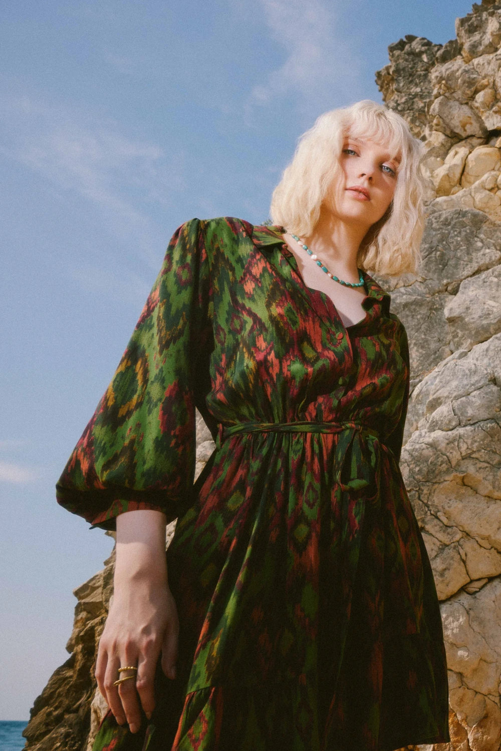 Pure Paris-Ikat Fırfırlı Mini Elbise - Haki-Elbise-1-roqelvaxirum.shop