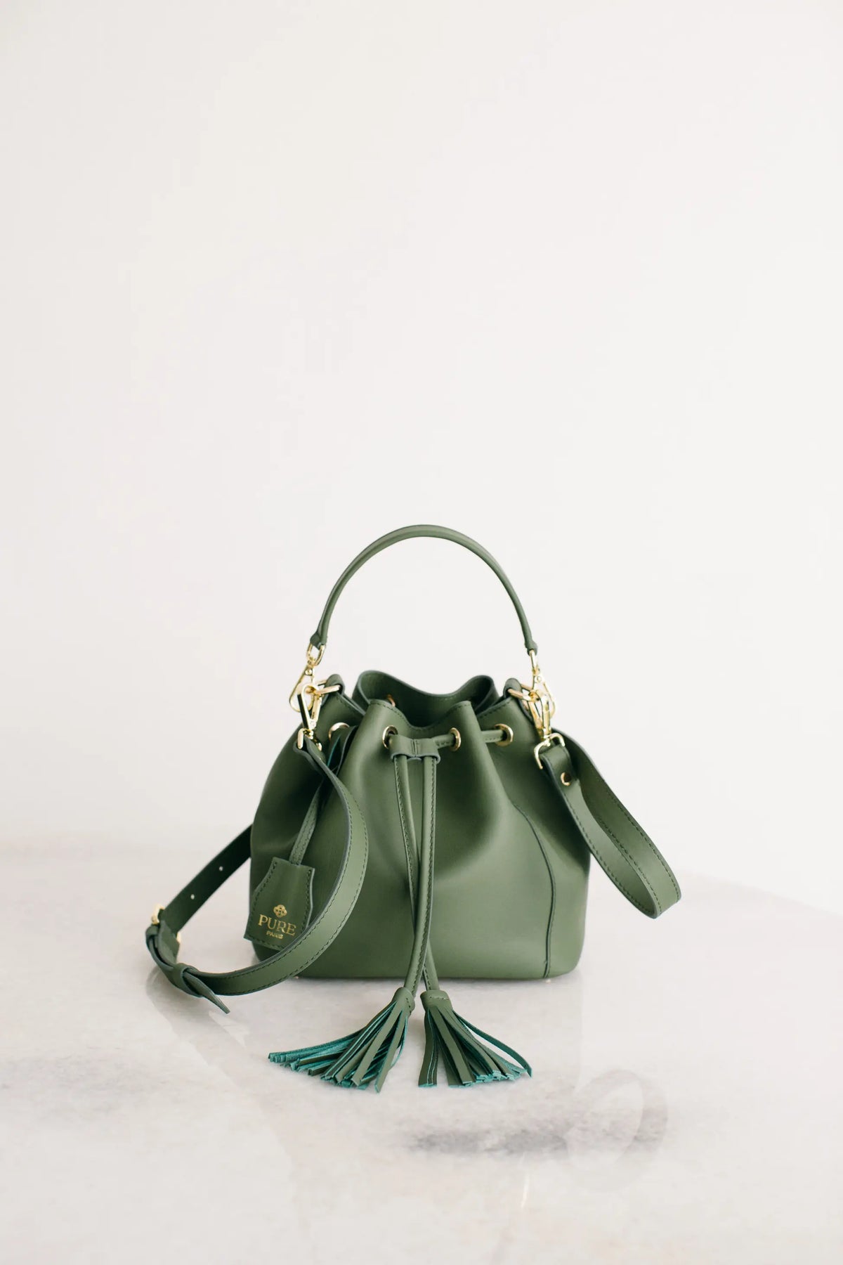 Pure Paris-Petit Bonbon Hakiki Deri Bucket Çanta, Haki Yeşil-Omuz Çantası-1-roqelvaxirum.shop