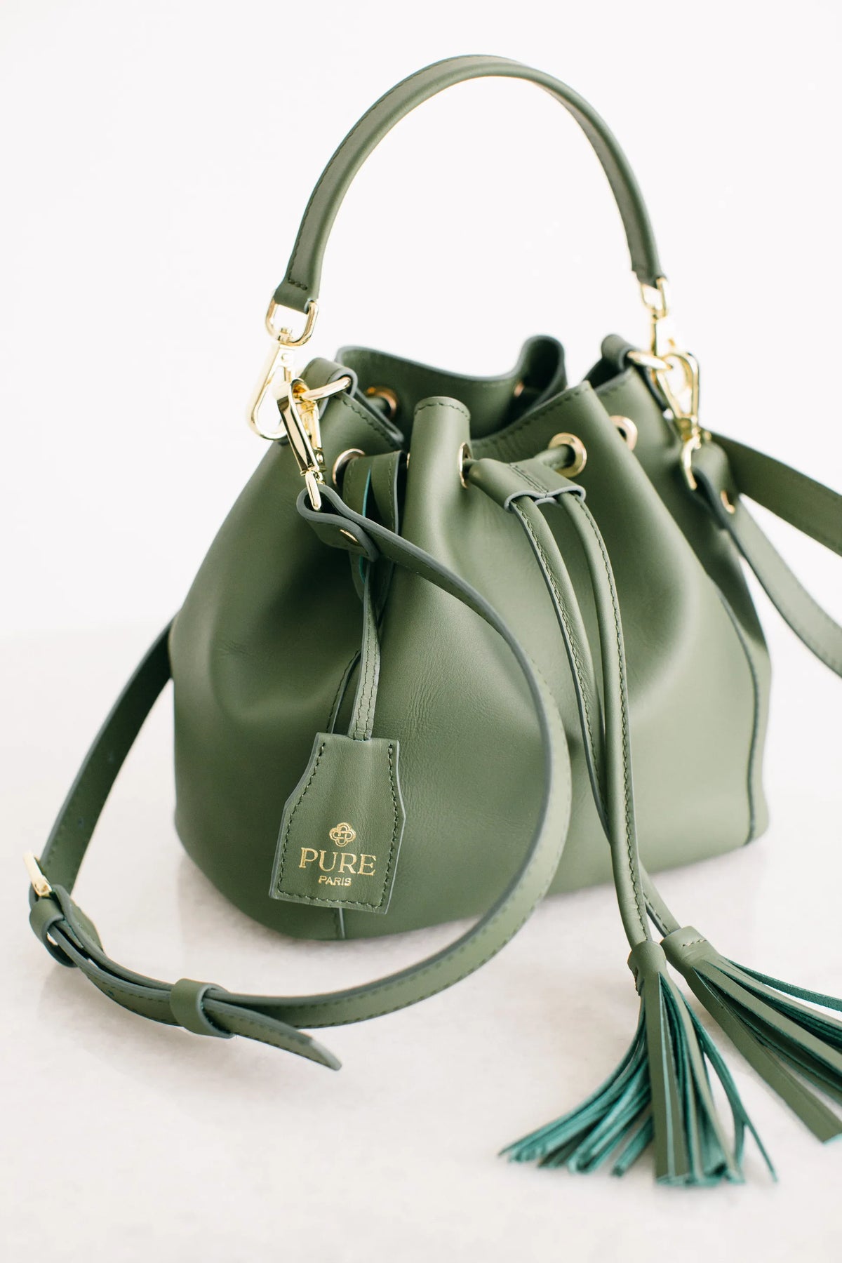 Pure Paris-Petit Bonbon Hakiki Deri Bucket Çanta, Haki Yeşil-Omuz Çantası-3-roqelvaxirum.shop