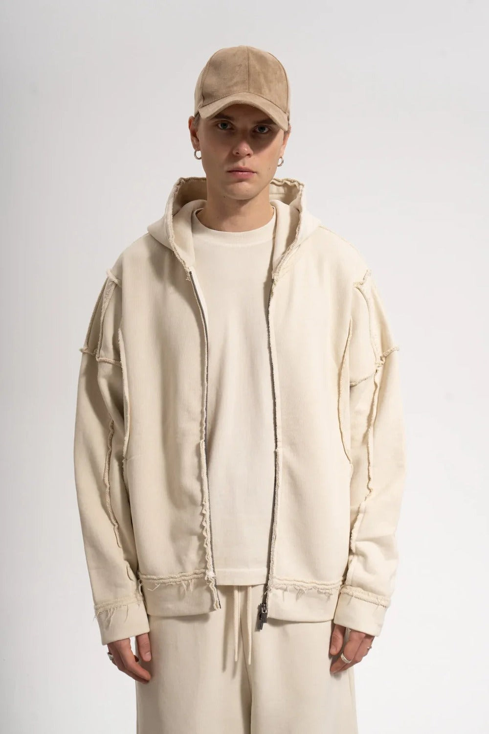 Erkek Oversized Washed Raw Seam Zip Hoodie - Bej - 1