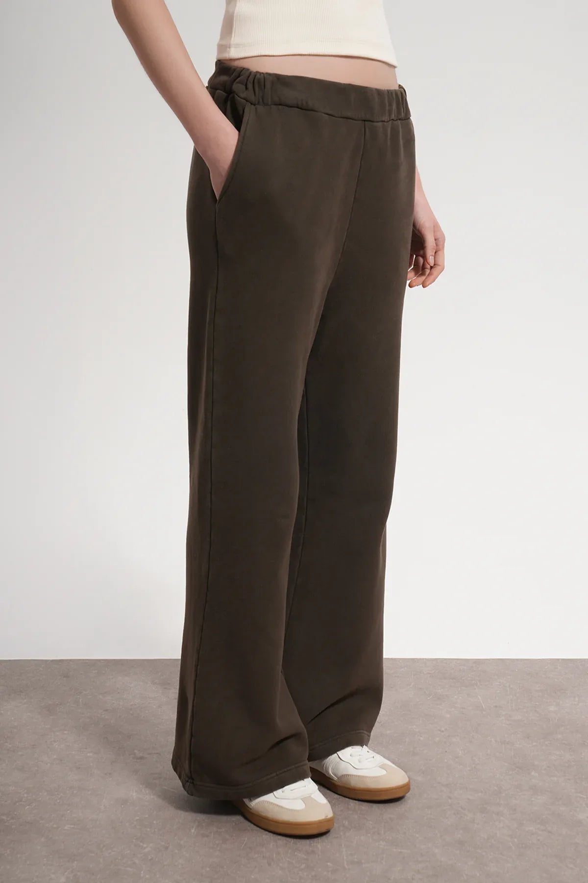 Kadın Flared Wide Leg Washed Sweatpants - Kahverengi