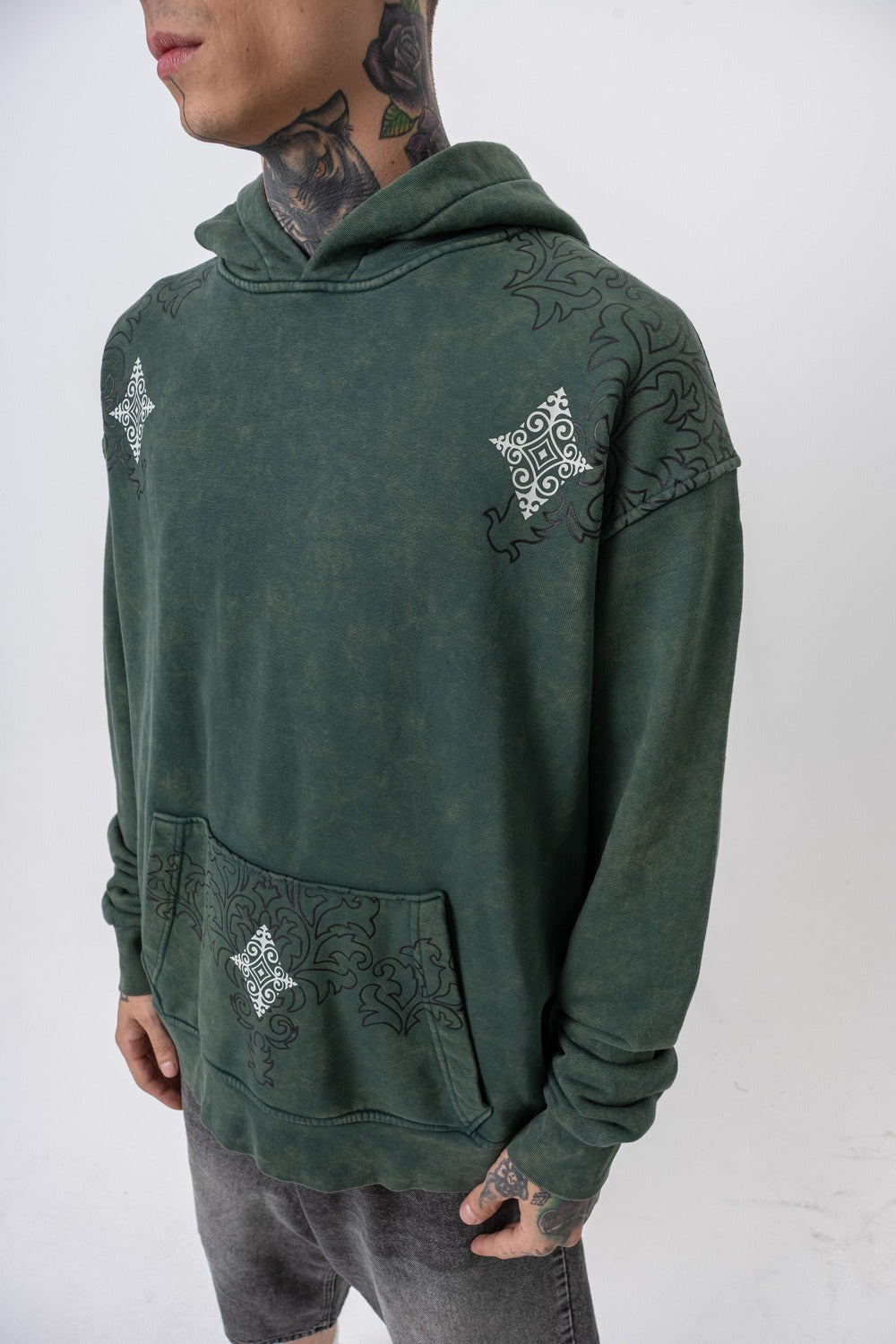 Erkek 10 Baskılı Yıkamalı Kapüşonlu Oversize Hoodie Yeşil