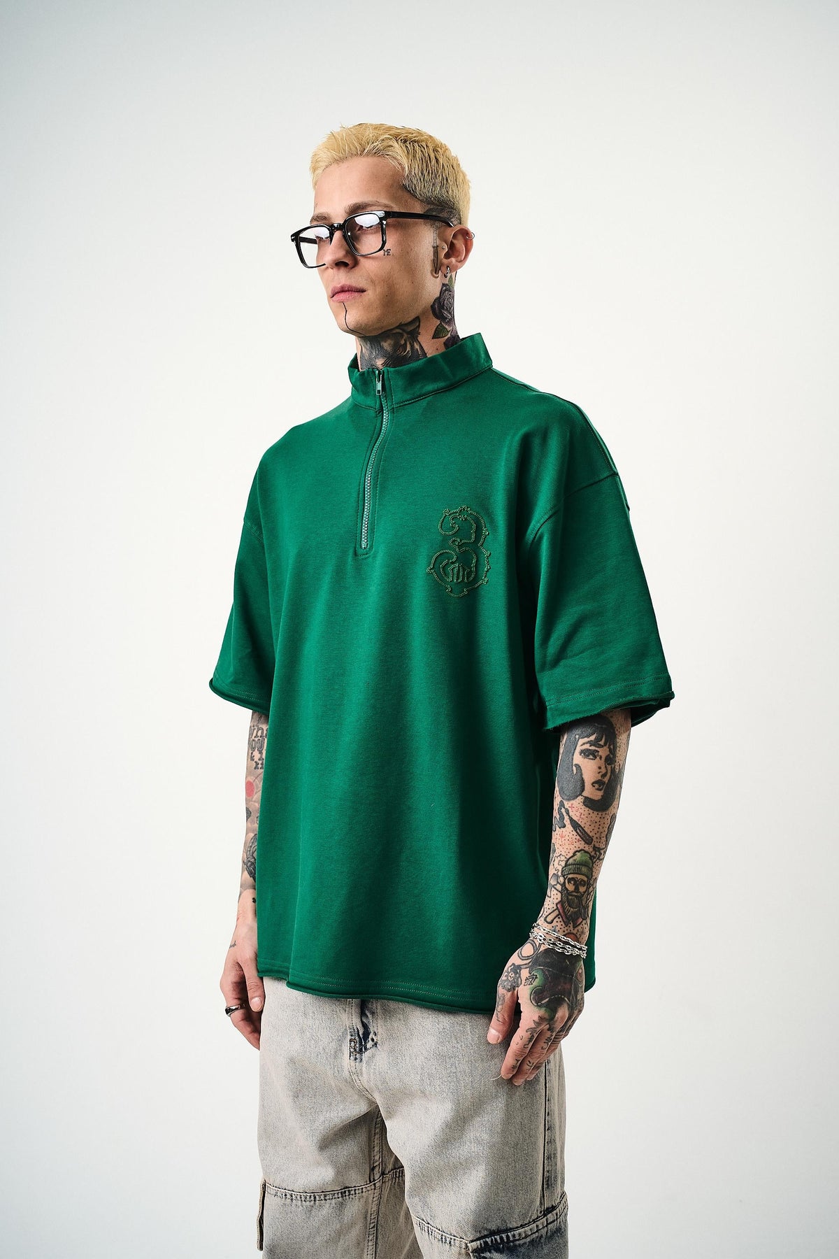 Erkek 3 Nakışlı Yarım Fermuarlı Oversize T-Shirt Nefti