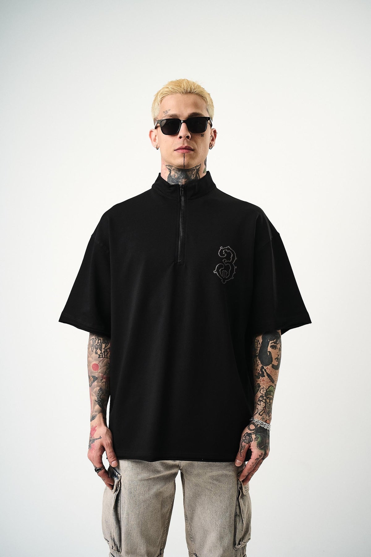 Erkek 3 Nakışlı Yarım Fermuarlı Oversize T-Shirt Siyah