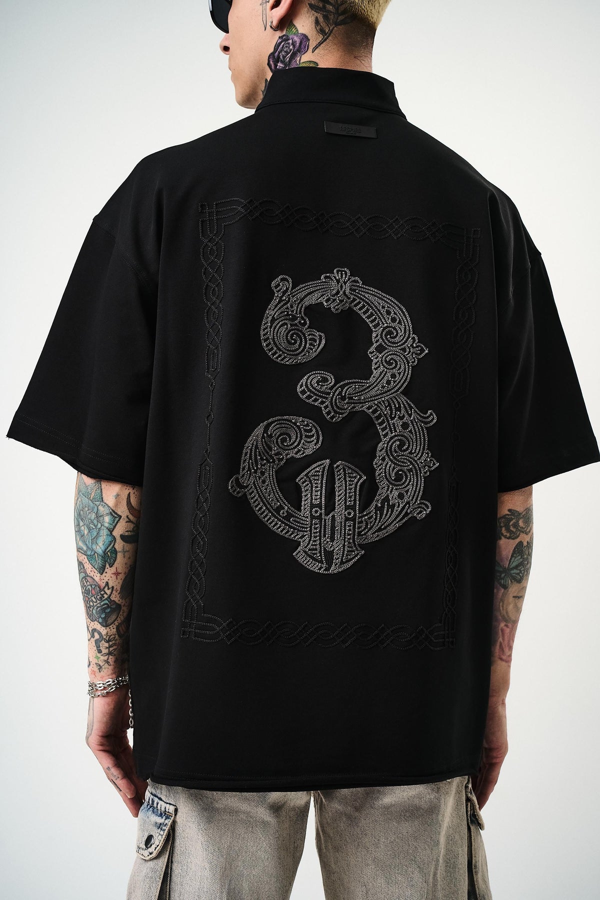 Erkek 3 Nakışlı Yarım Fermuarlı Oversize T-Shirt Siyah