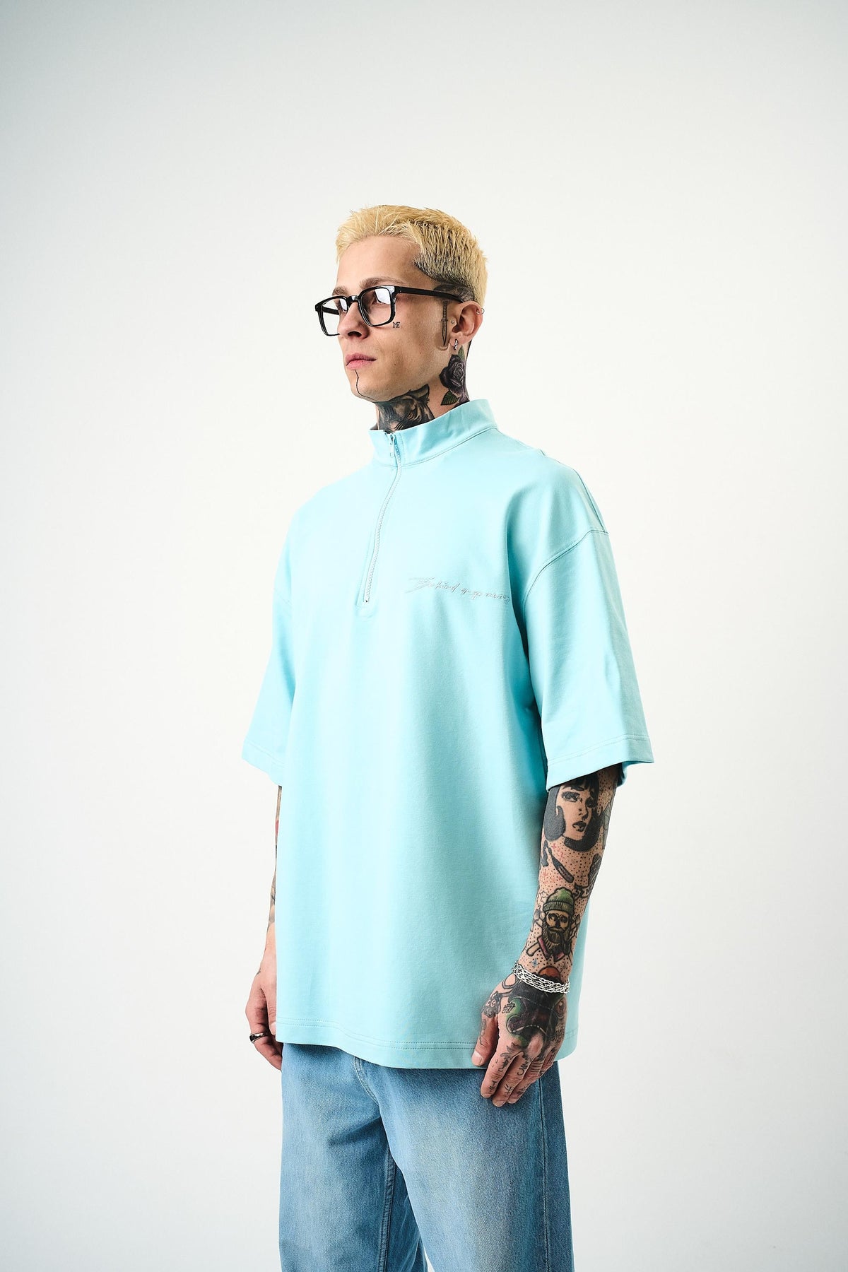 Erkek Be Kind Nakışlı Yarım Fermuarlı Oversize T-Shirt Bebe Mavi