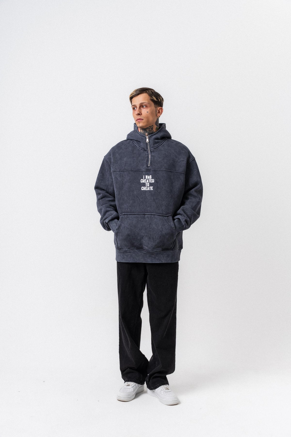 Erkek Create Baskılı Kapüşonlu Oversize Hoodie Füme