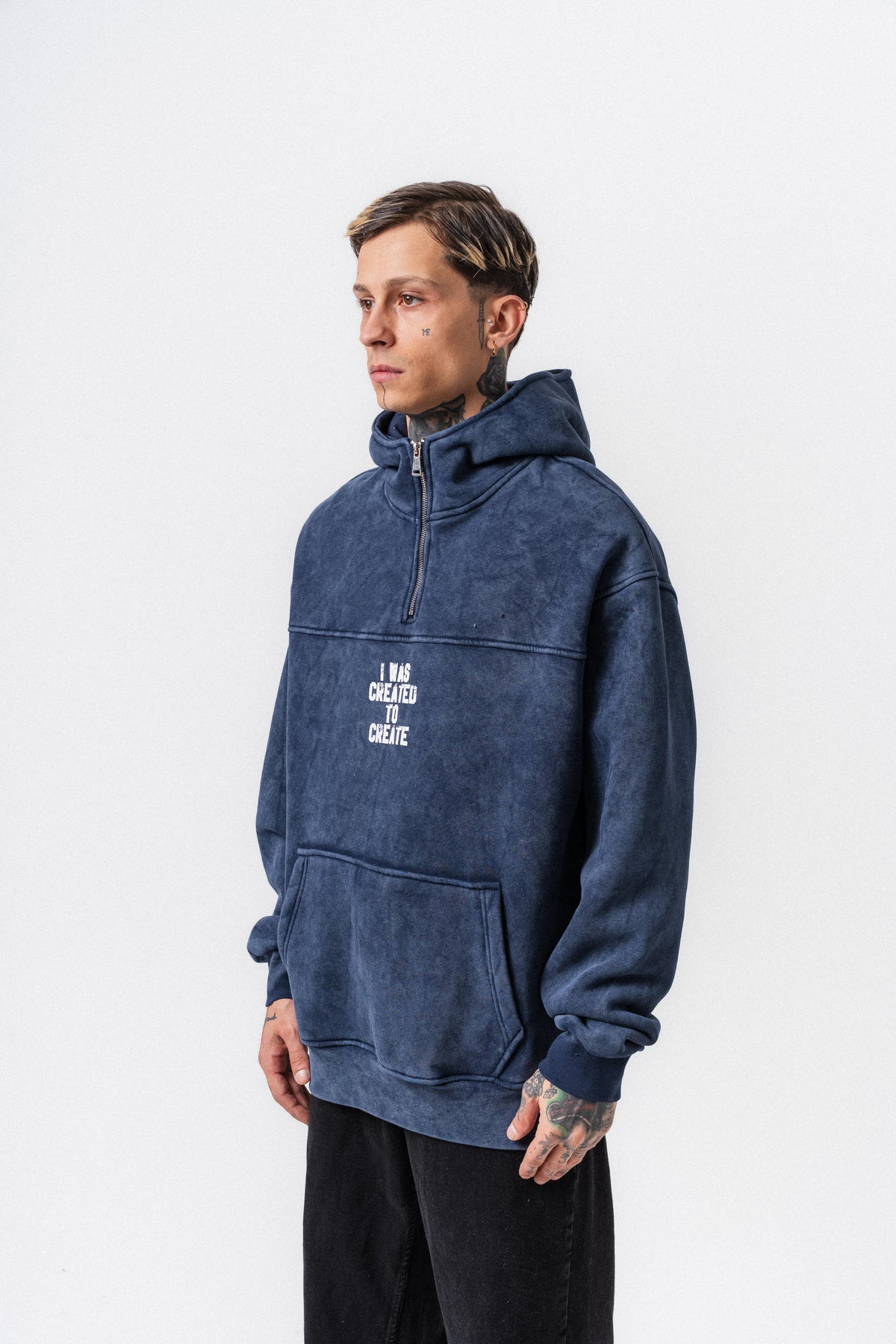 Erkek Create Baskılı Kapüşonlu Oversize Hoodie Lacivert