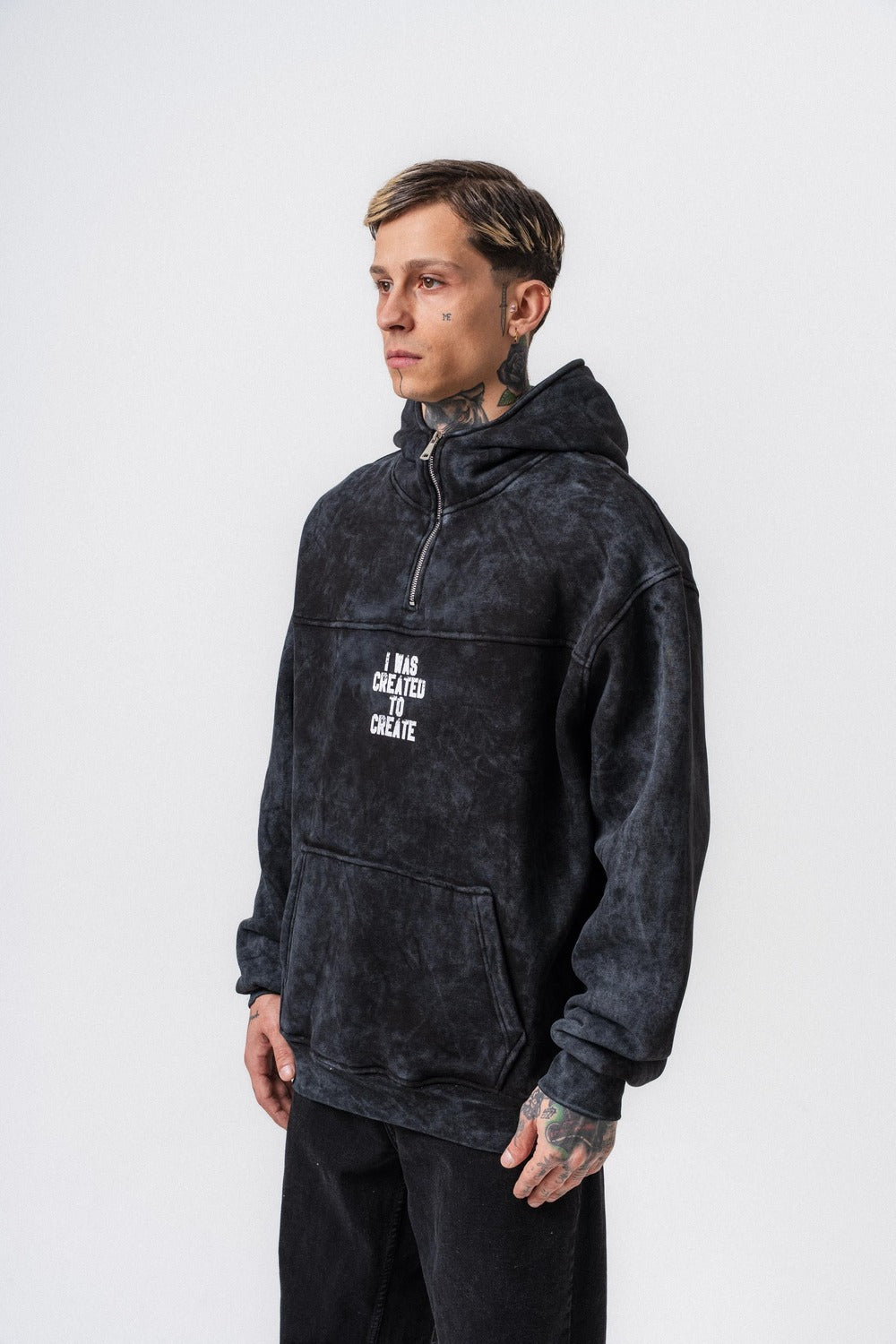 Erkek Create Baskılı Kapüşonlu Oversize Hoodie Siyah