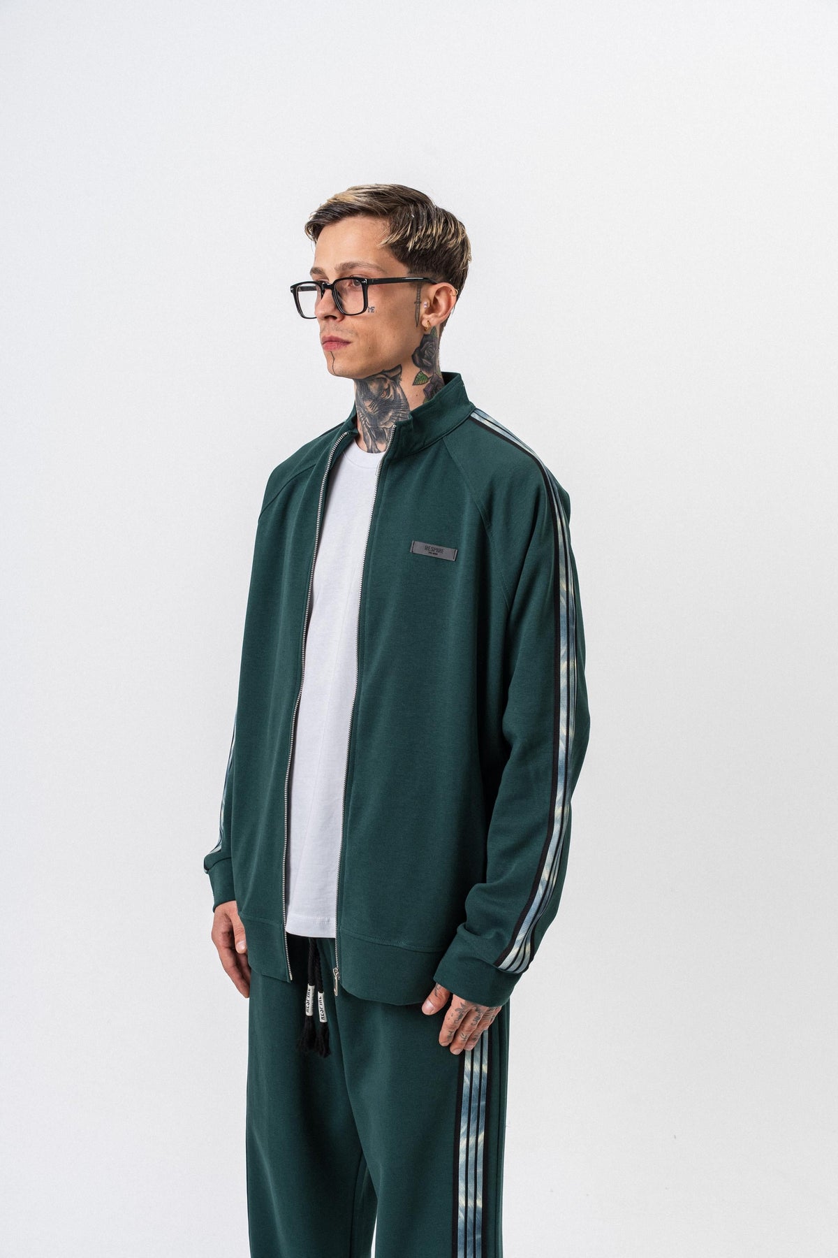 Erkek Dark Striped Şerit Detaylı Dik Yaka Doubleface Zip Oversize Sweatshirt Nefti
