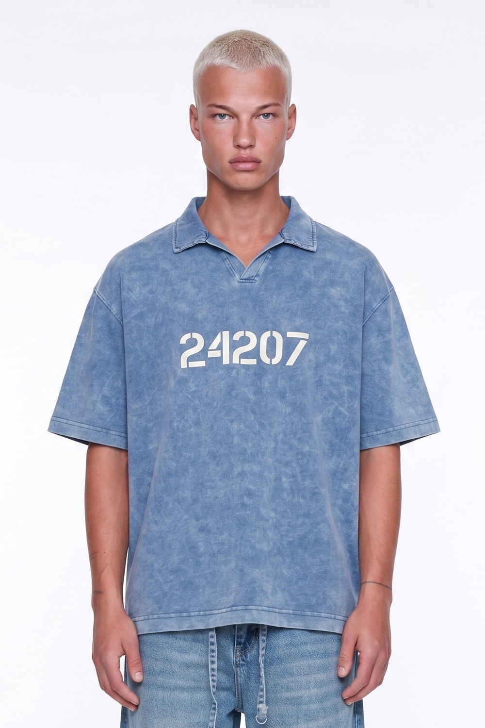 Erkek 24207 Baskılı Yıkamalı Oversize T-Shirt Mavi