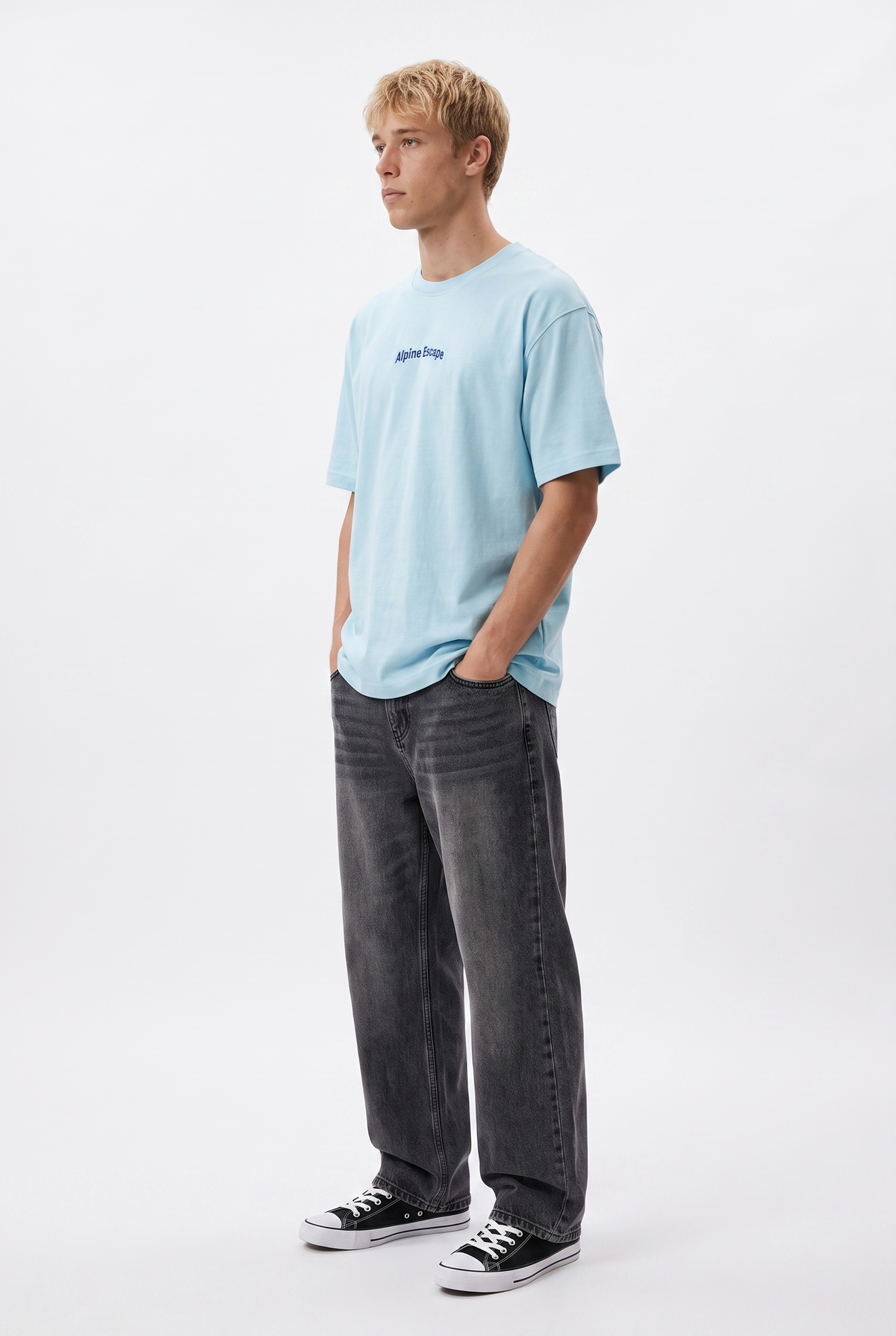 Erkek Alpine Nakışlı Oversize T-Shirt Bebe Mavi
