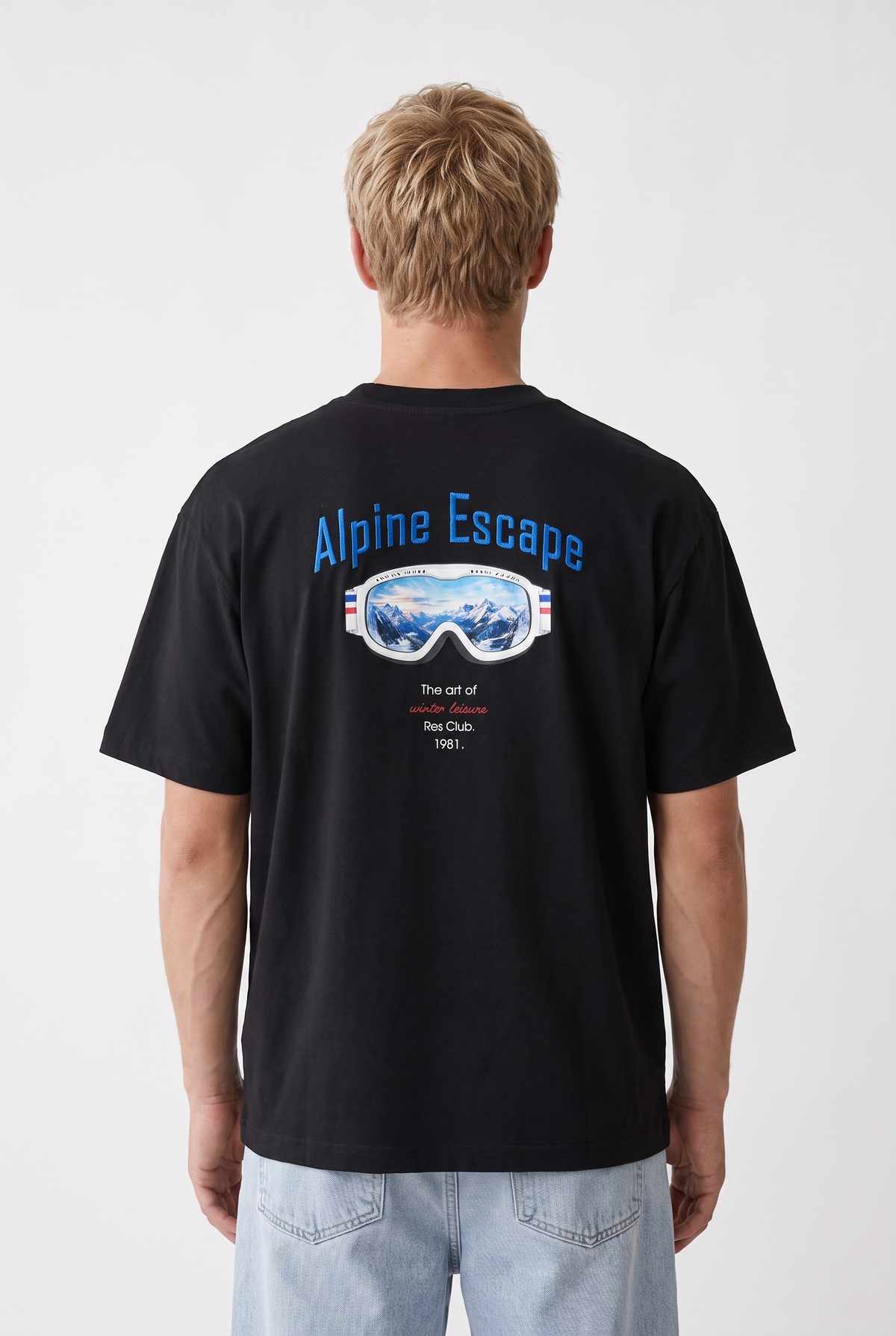 Erkek Alpine Nakışlı Oversize T-Shirt Siyah