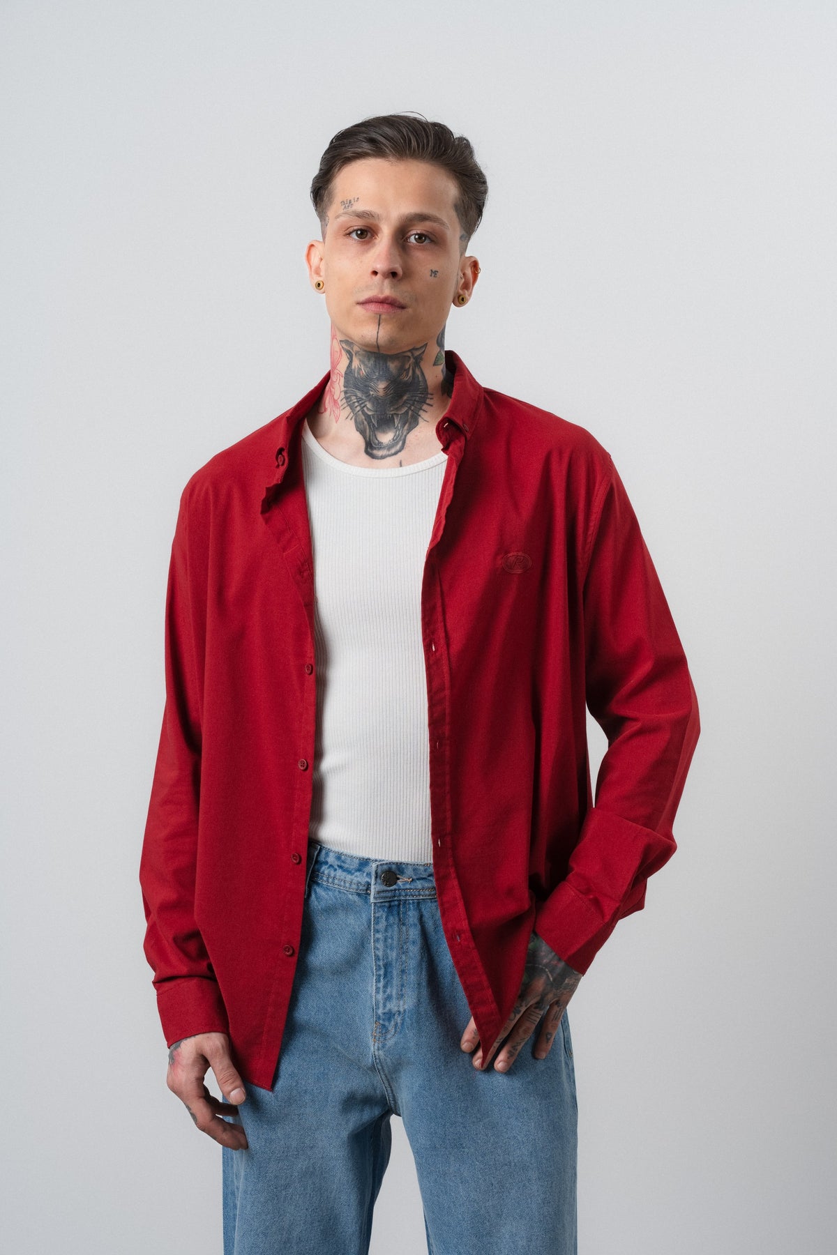 Erkek Arma Nakışlı Uzun Kollu Oversize Gömlek Bordo