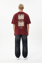 Erkek Betrayal Baskılı Yıkamalı Oversize T-Shirt Bordo