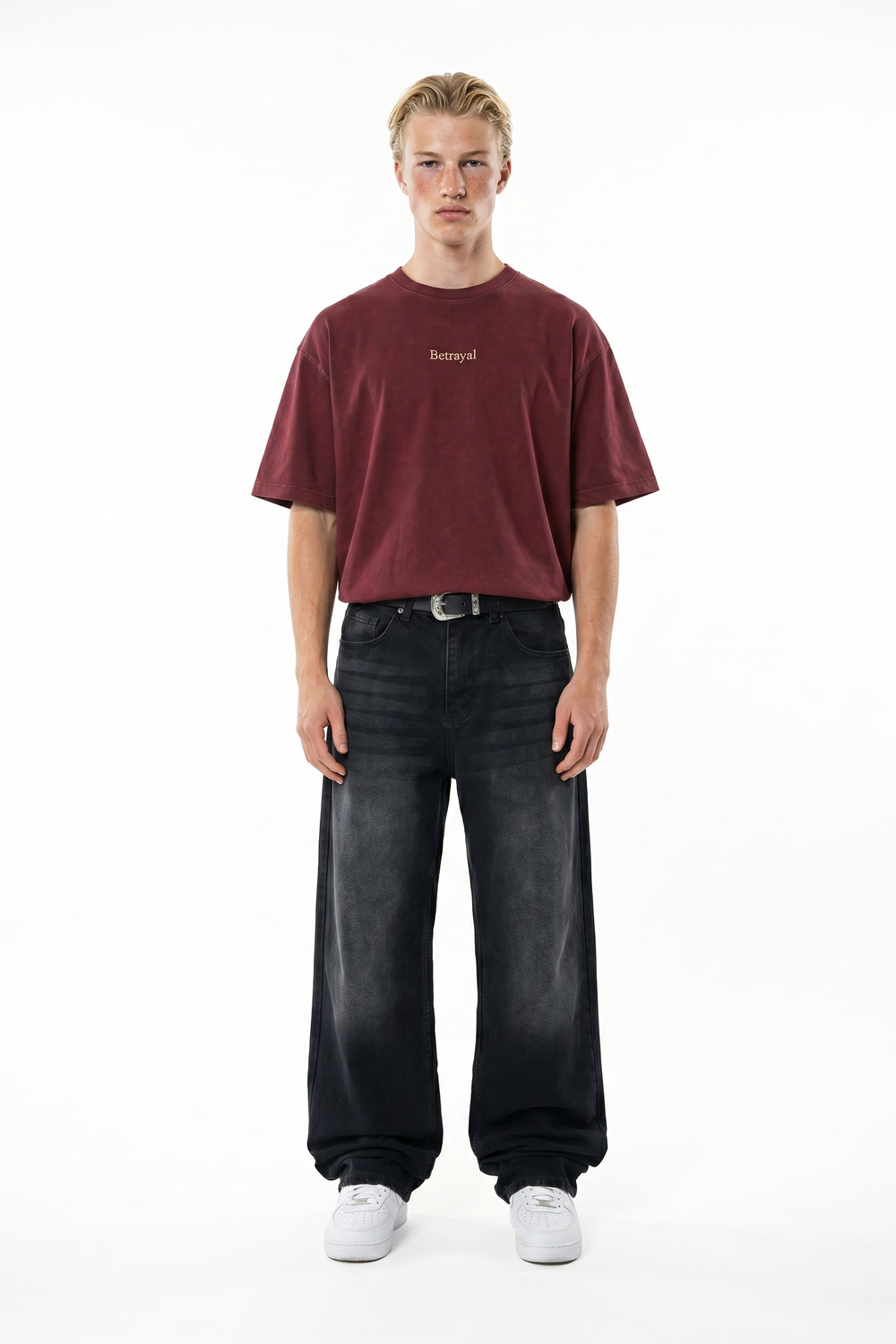 Erkek Betrayal Baskılı Yıkamalı Oversize T-Shirt Bordo