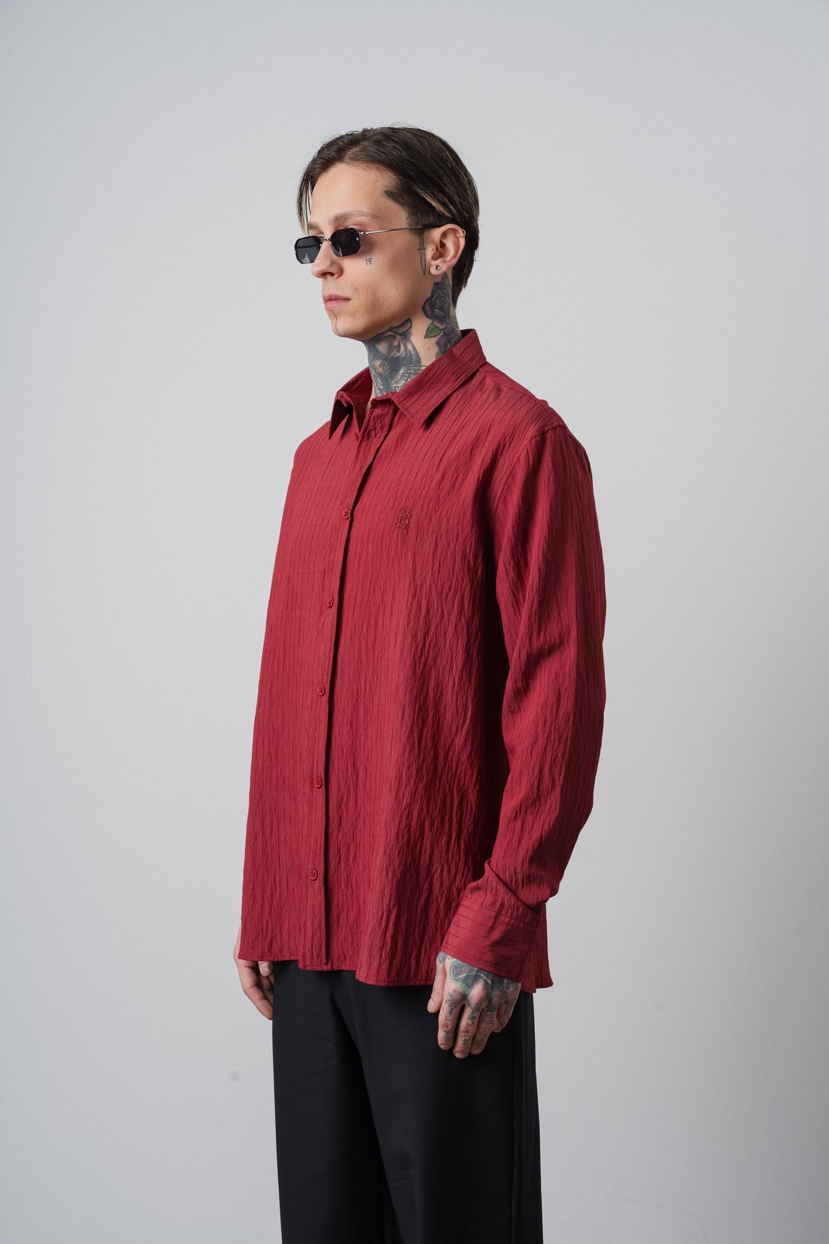 Erkek Çizgi Detaylı Uzun Kollu Oversize Gömlek Bordo