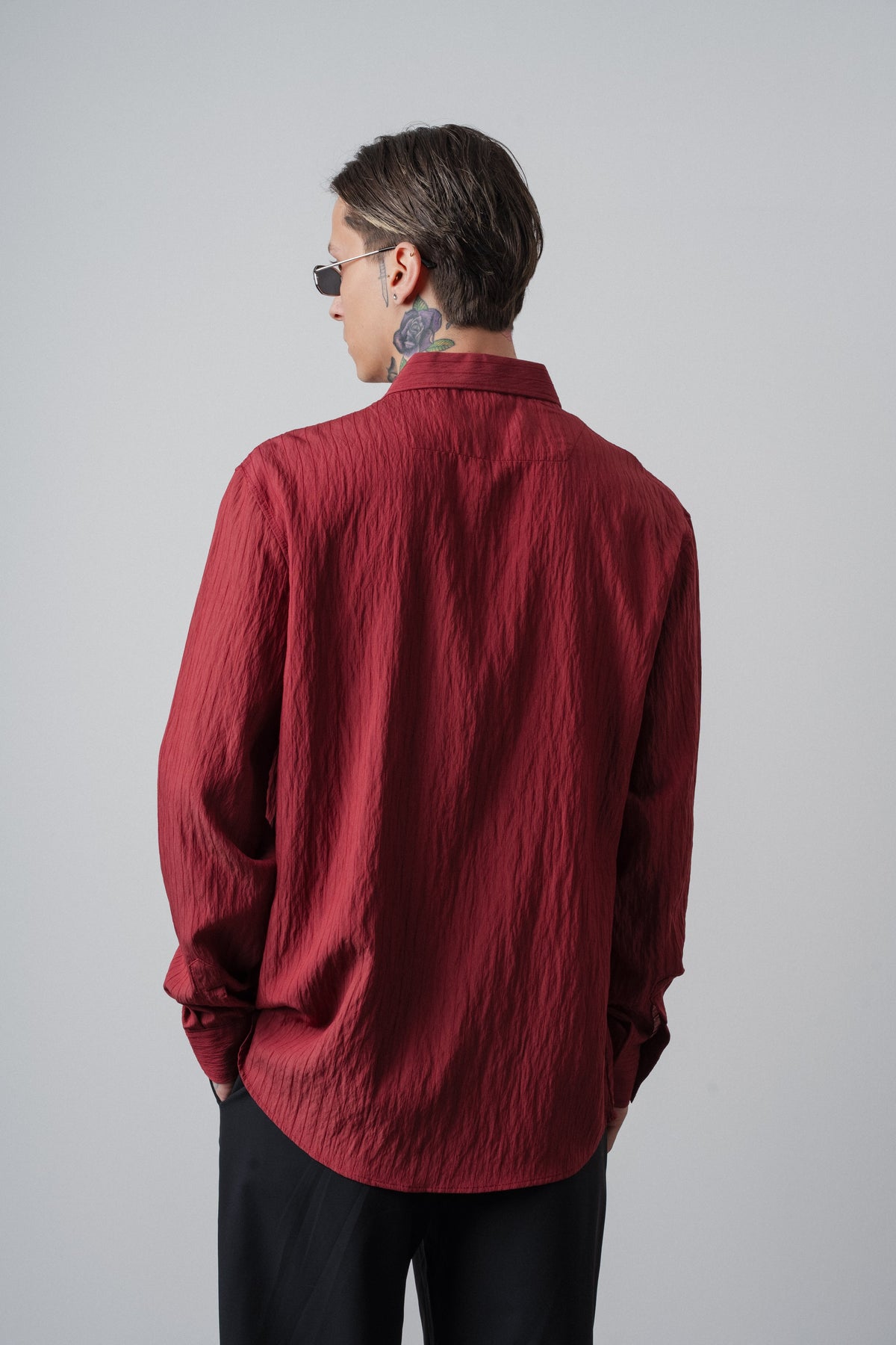Erkek Çizgi Detaylı Uzun Kollu Oversize Gömlek Bordo