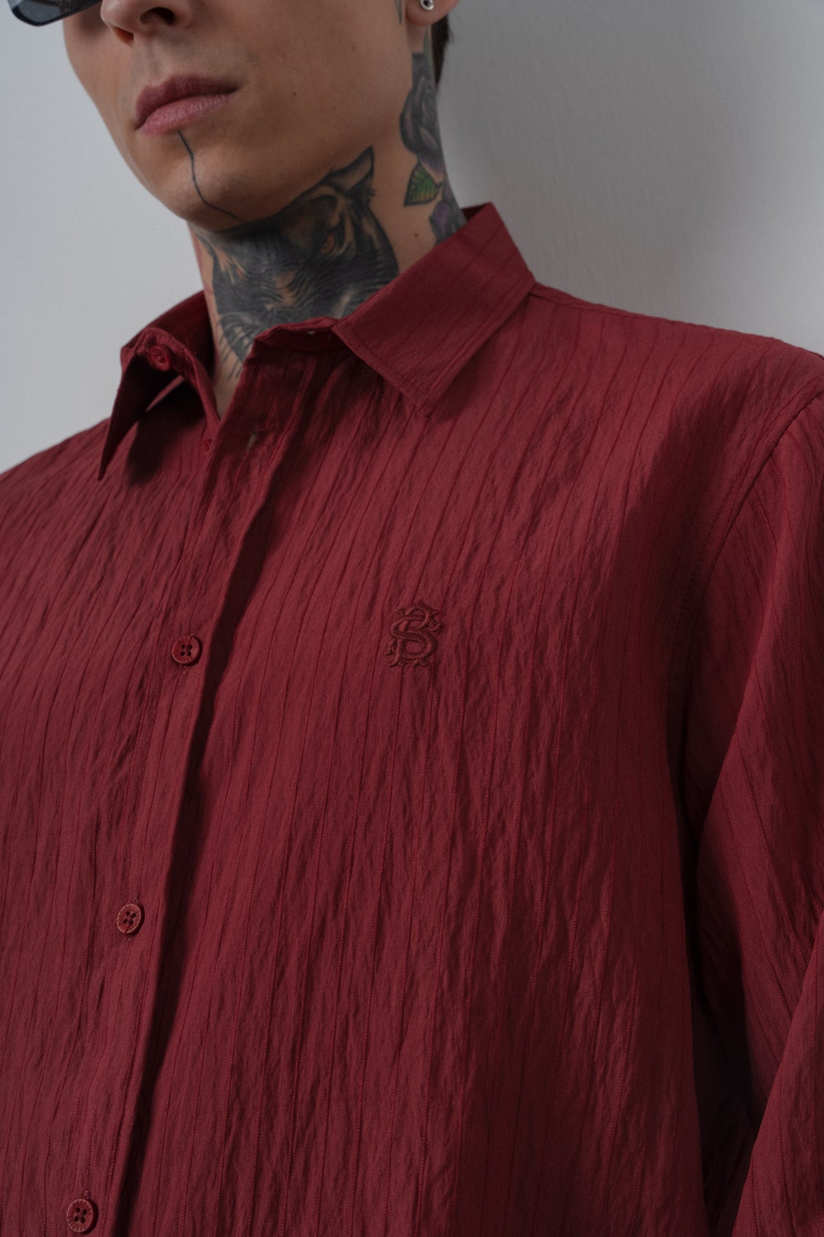 Erkek Çizgi Detaylı Uzun Kollu Oversize Gömlek Bordo