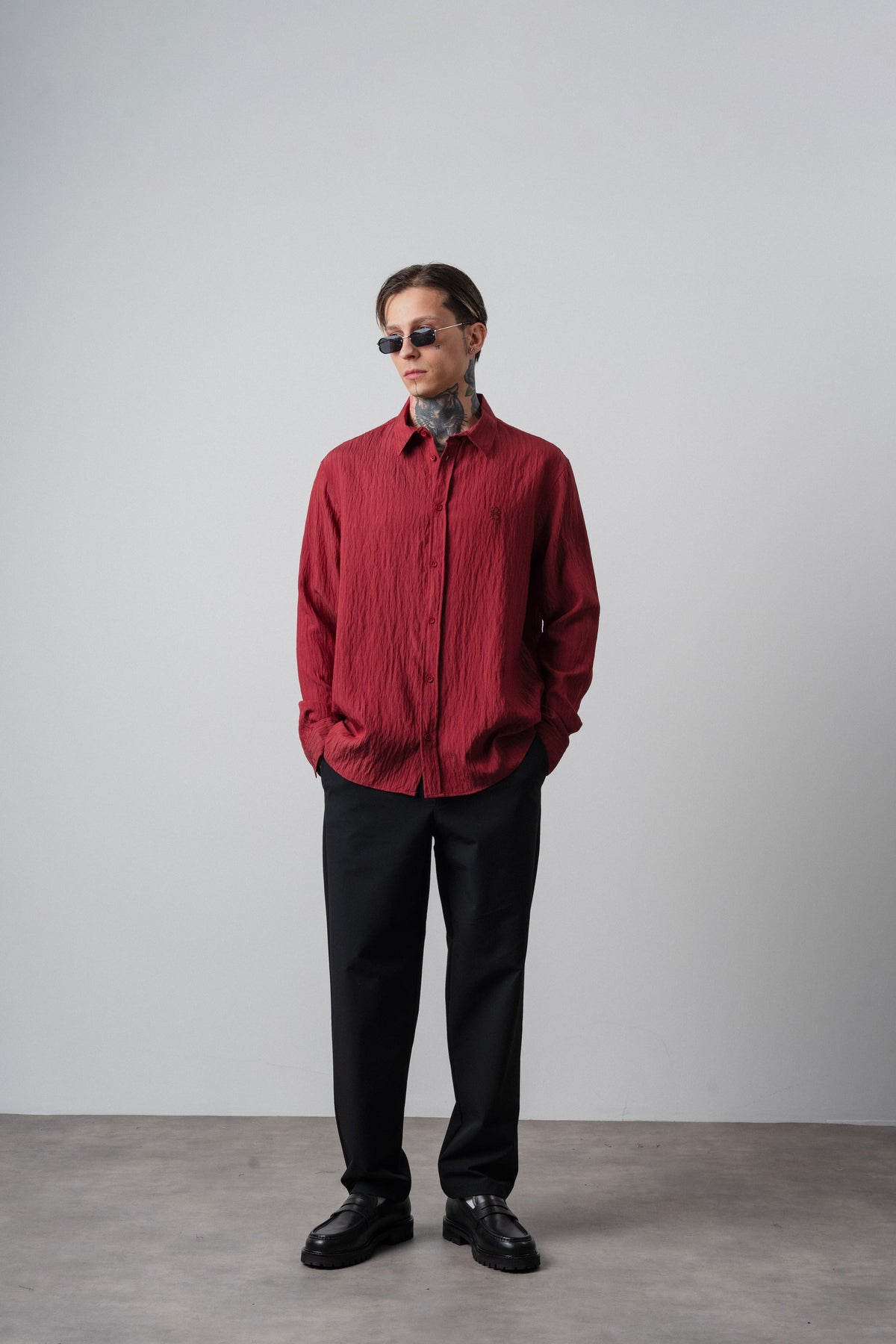 Erkek Çizgi Detaylı Uzun Kollu Oversize Gömlek Bordo