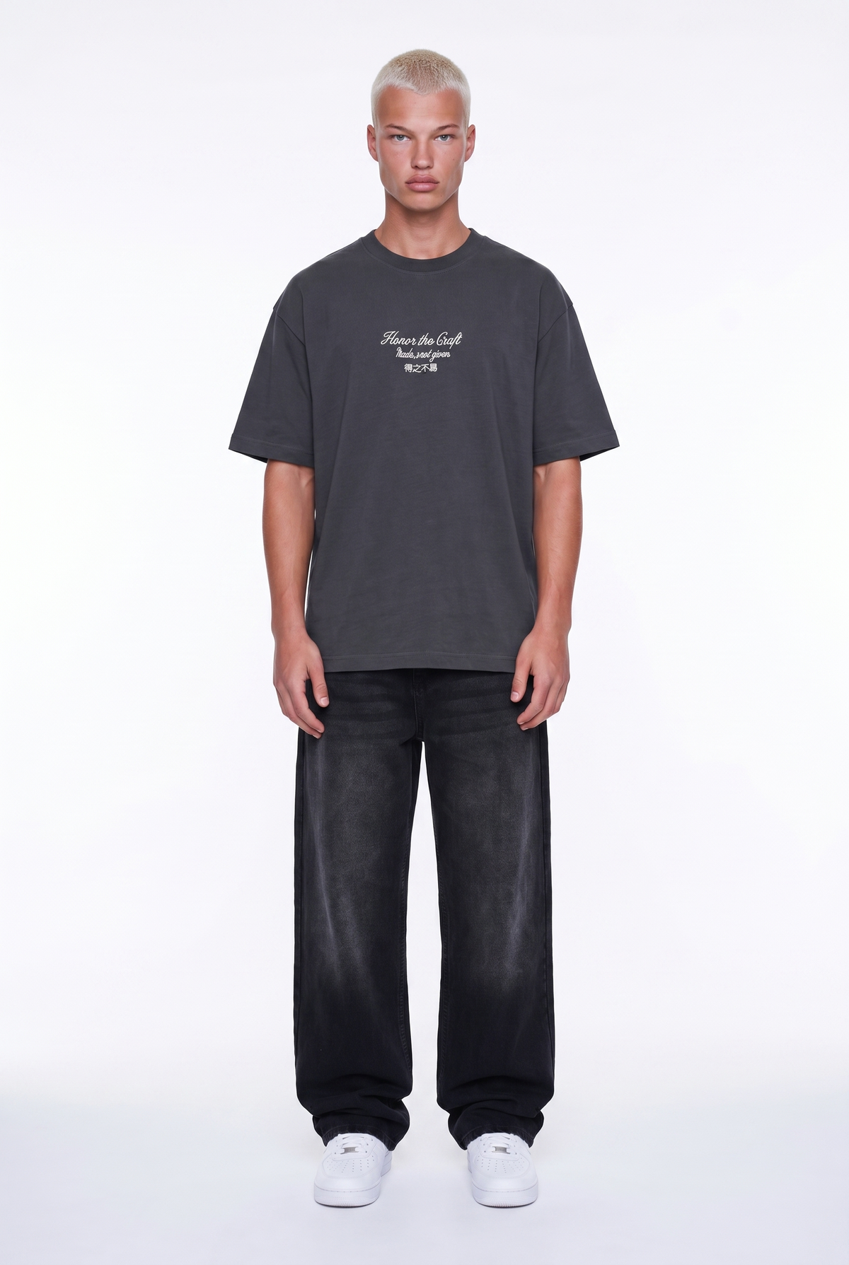 Erkek Craft Nakış Detaylı Oversize T-Shirt Füme