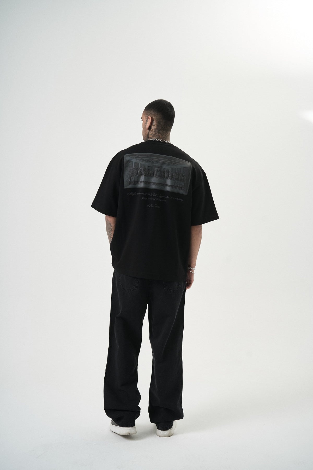 Erkek Da Vinci Baskılı Oversize T-Shirt Siyah