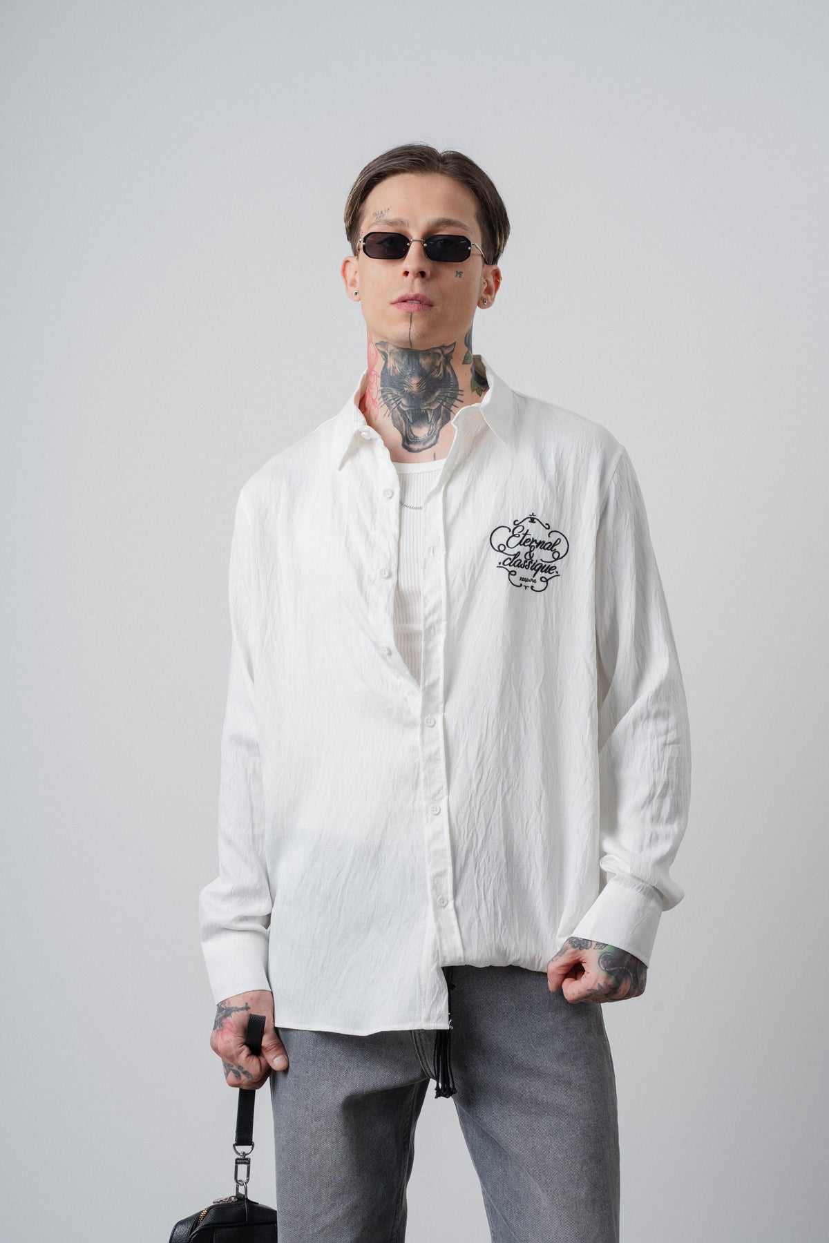 Erkek Eternal Nakışlı Uzun Kollu Keten Oversize Gömlek Ekru