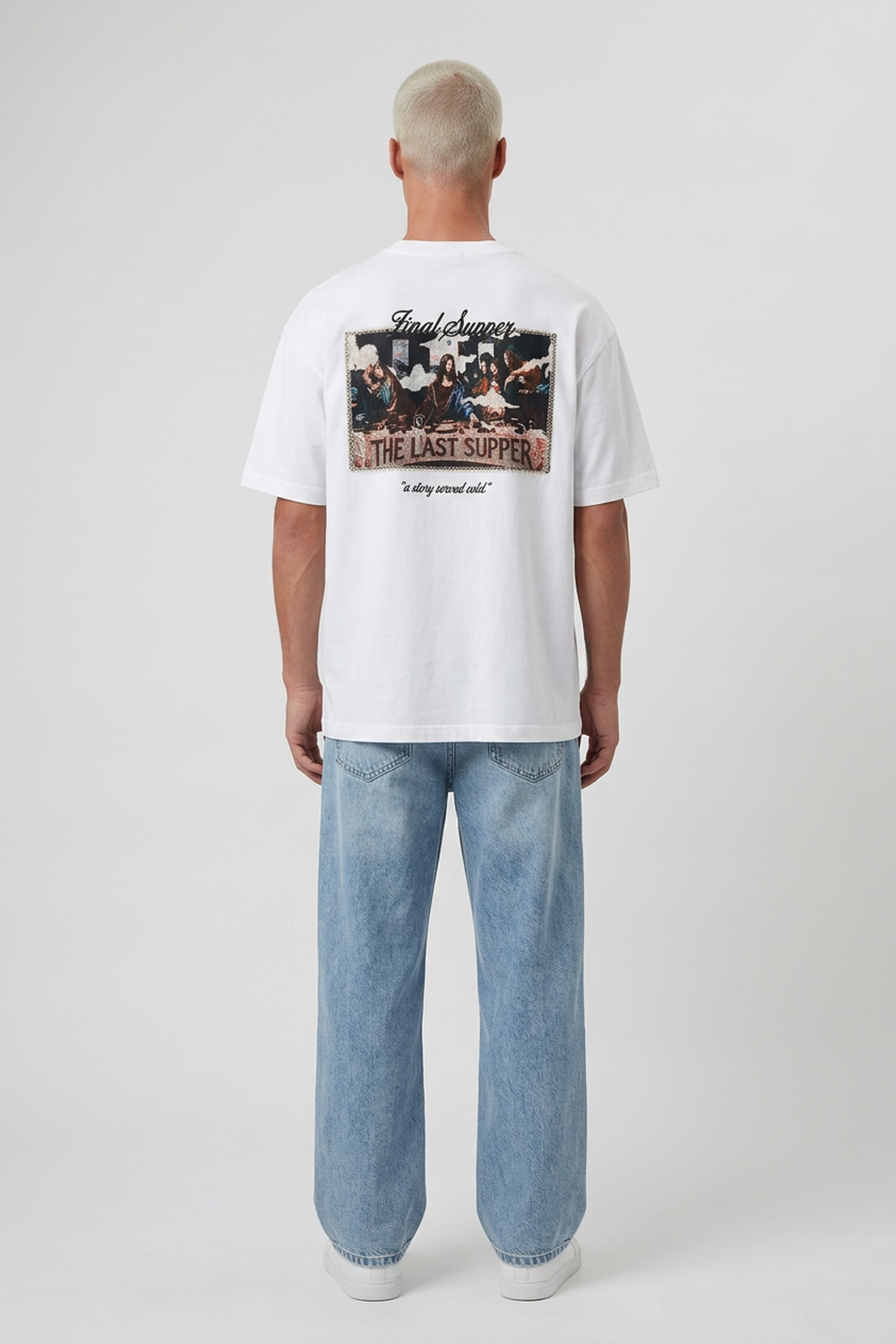 Erkek Final Supper Nakışlı Oversize T-Shirt Ekru
