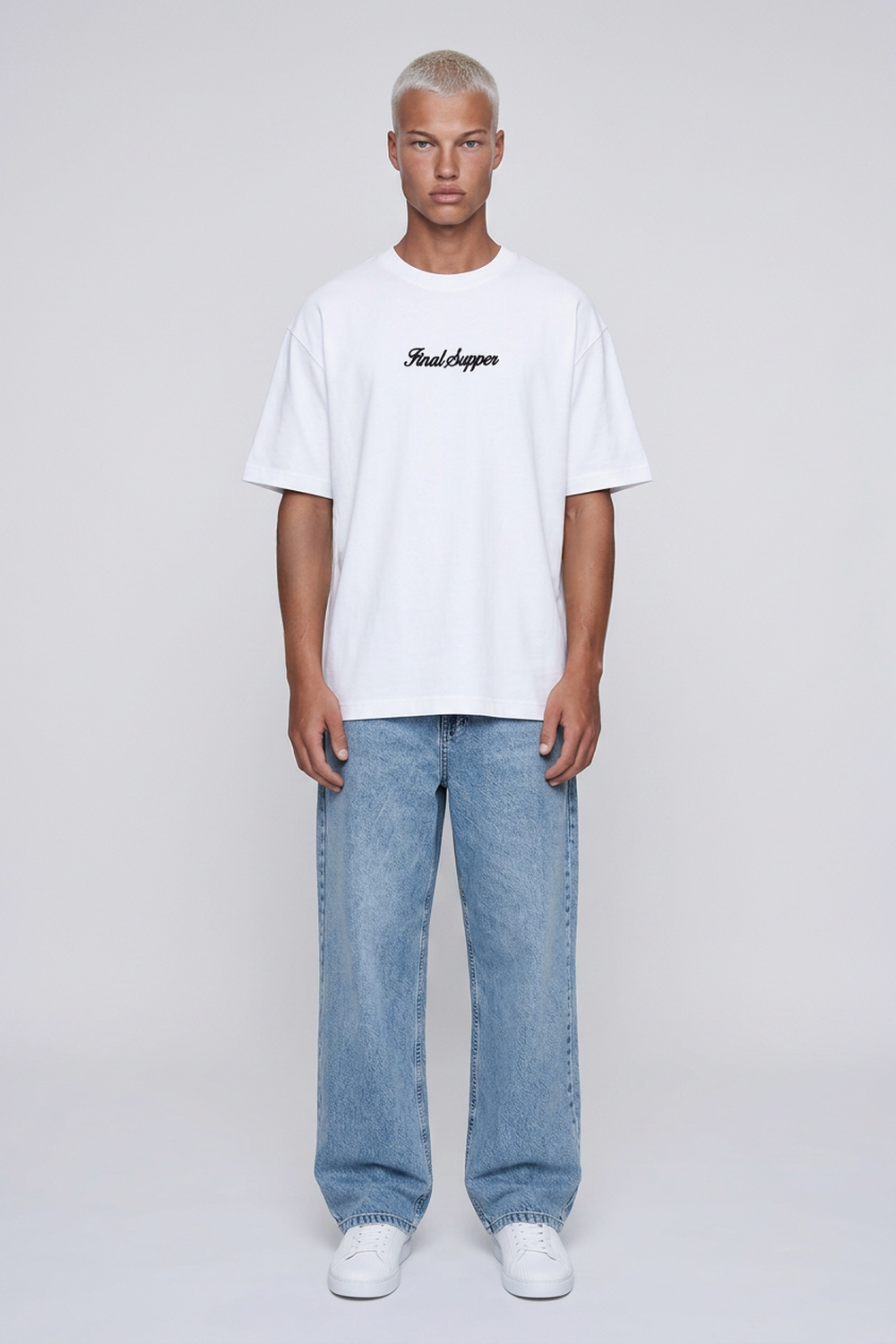 Erkek Final Supper Nakışlı Oversize T-Shirt Ekru