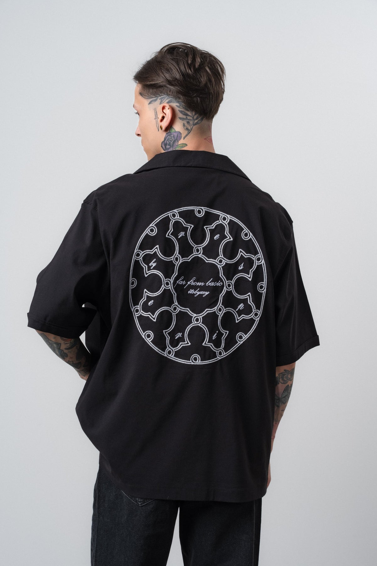 Erkek Itsbyzey Nakışlı Oversize Gömlek Siyah
