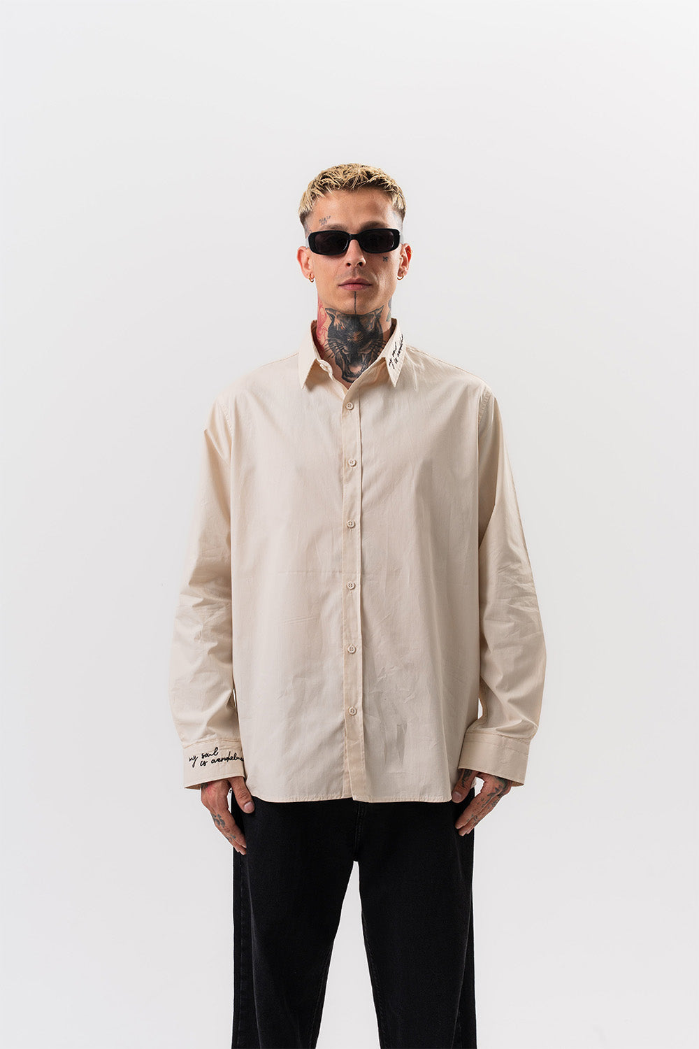 Respire-Erkek Nakış Detaylı Poplin Oversize Gömlek Bej-Gömlek-2-roqelvaxirum.shop